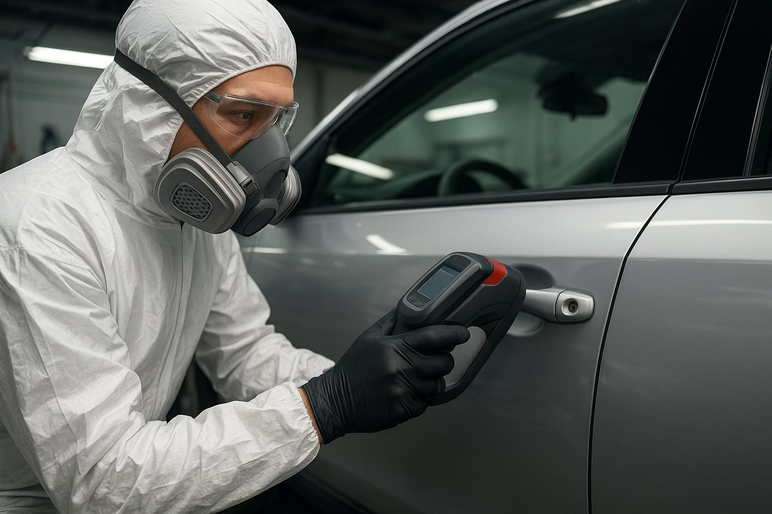 Auto body technician using computerized paint matching scanner during vehicle repair