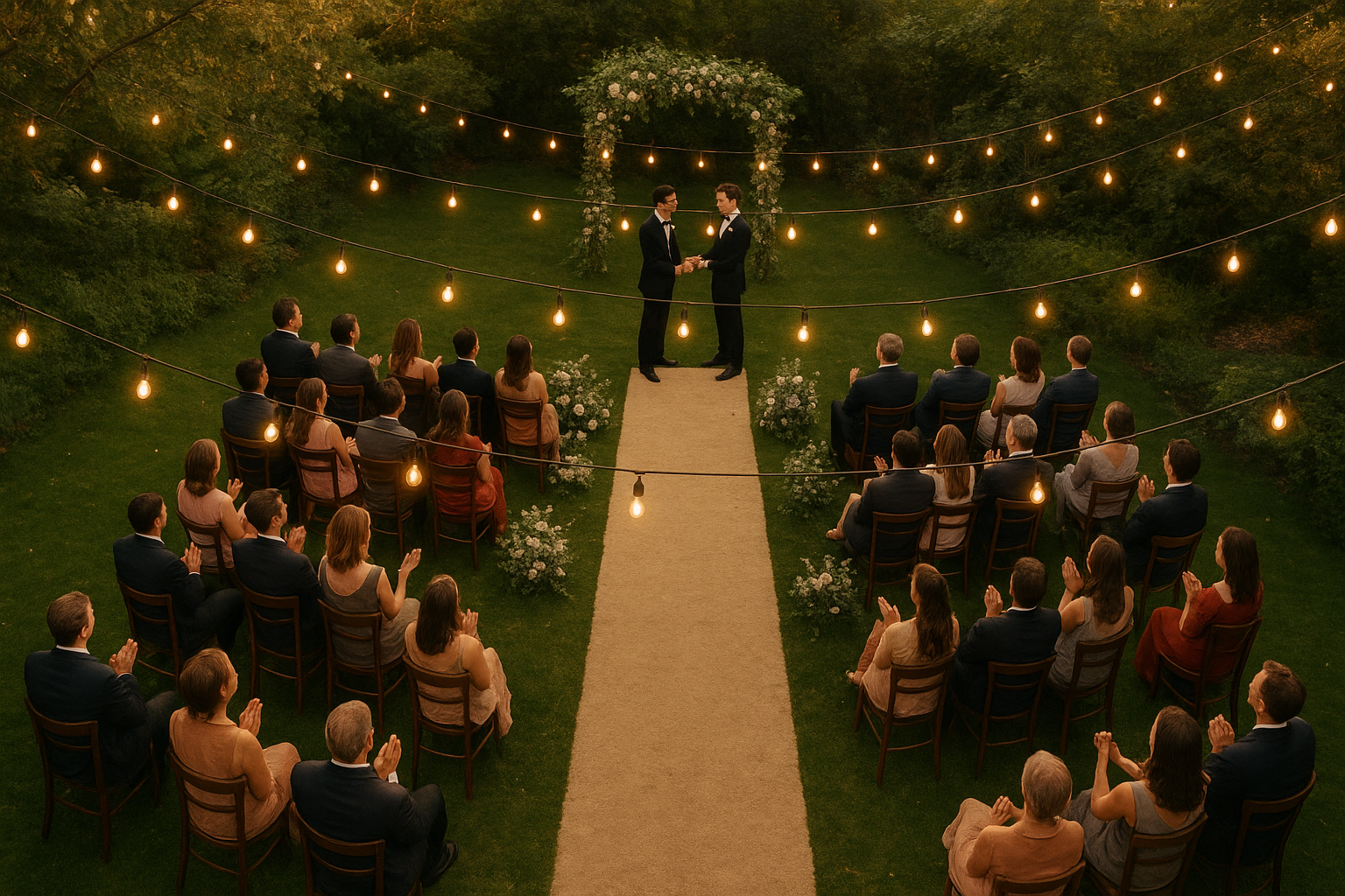 Aerial view of an outdoor Louisiana wedding ceremony captured by drone