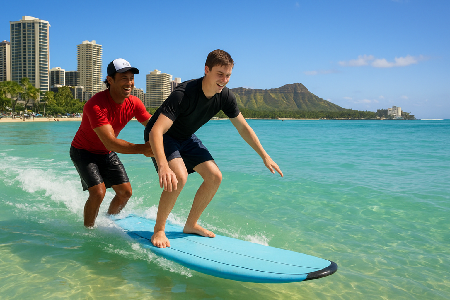 Instructor guiding a beginner surfing programs Hawaii student on a longboard near Waikiki Beach