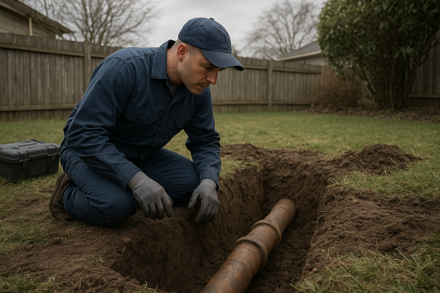 4a7c50a0_sewer-line-inspection-terrell Plumber inspecting sewer line during a sewer line replacement Terrell TX project