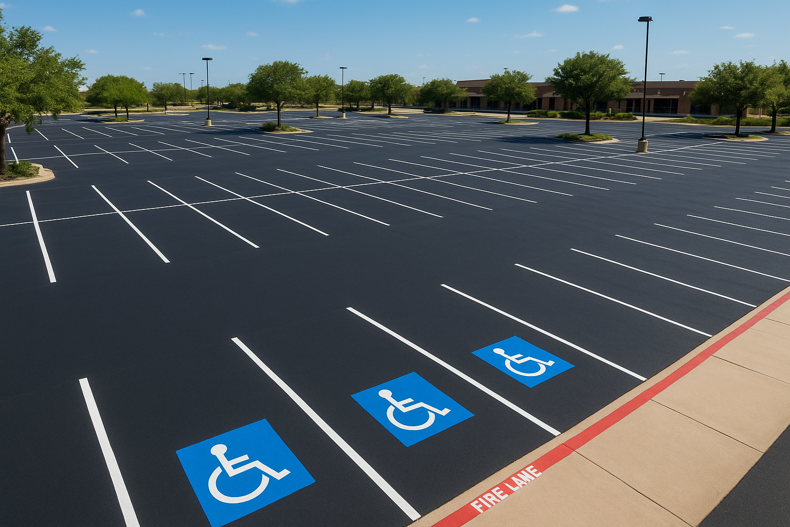 Aerial view of a freshly completed PLS parking lot striping project with white stall lines, blue ADA spaces, and red fire lane markings on Texas asphalt