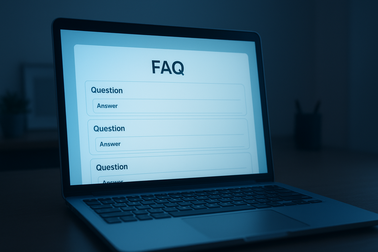 Laptop screen showing a well-structured FAQ section designed to improve citation in AI-powered search