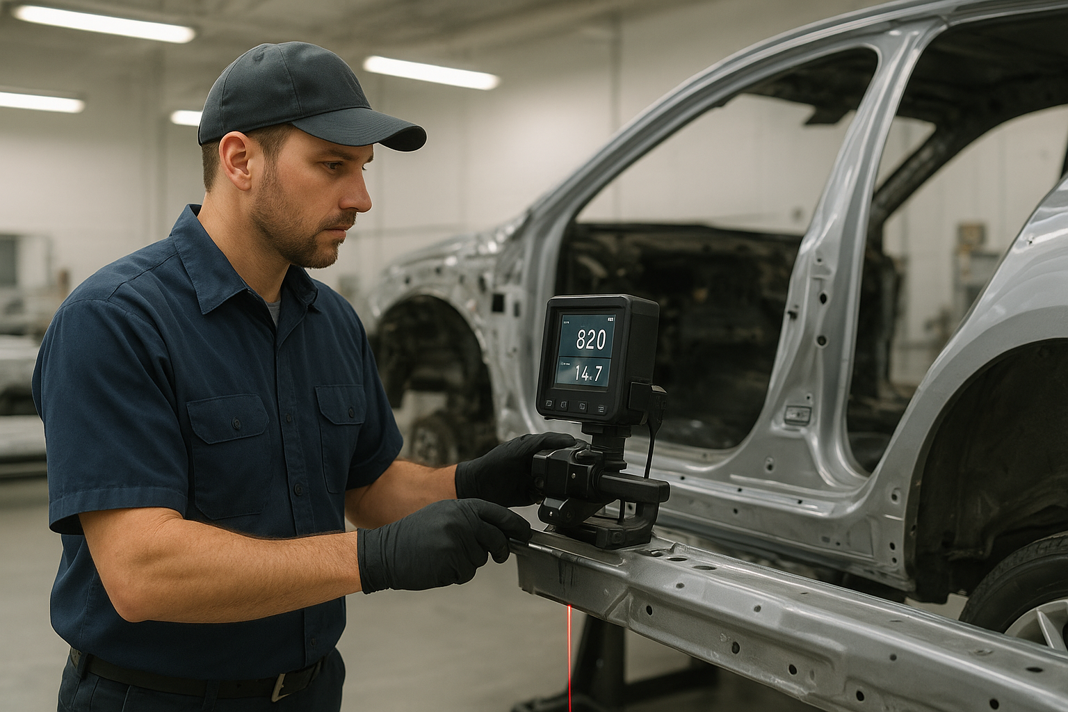 Technician performing vehicle frame inspection Brea CA using laser measuring equipment