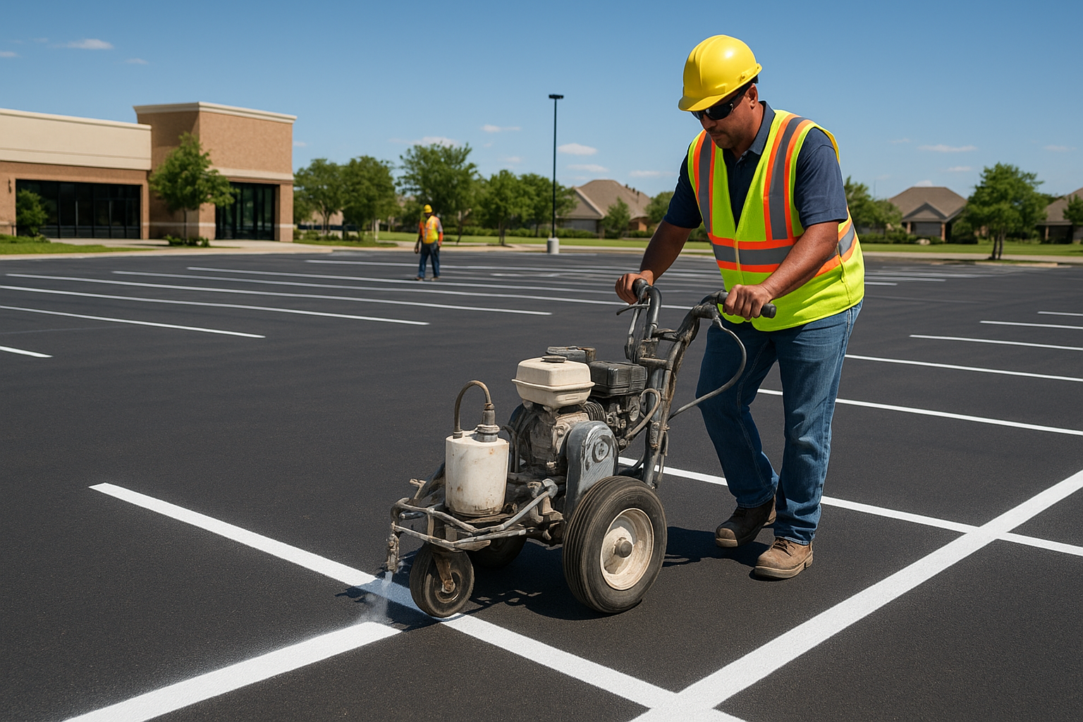Parking lot striping crew using a line marking machine on a commercial lot in North Texas