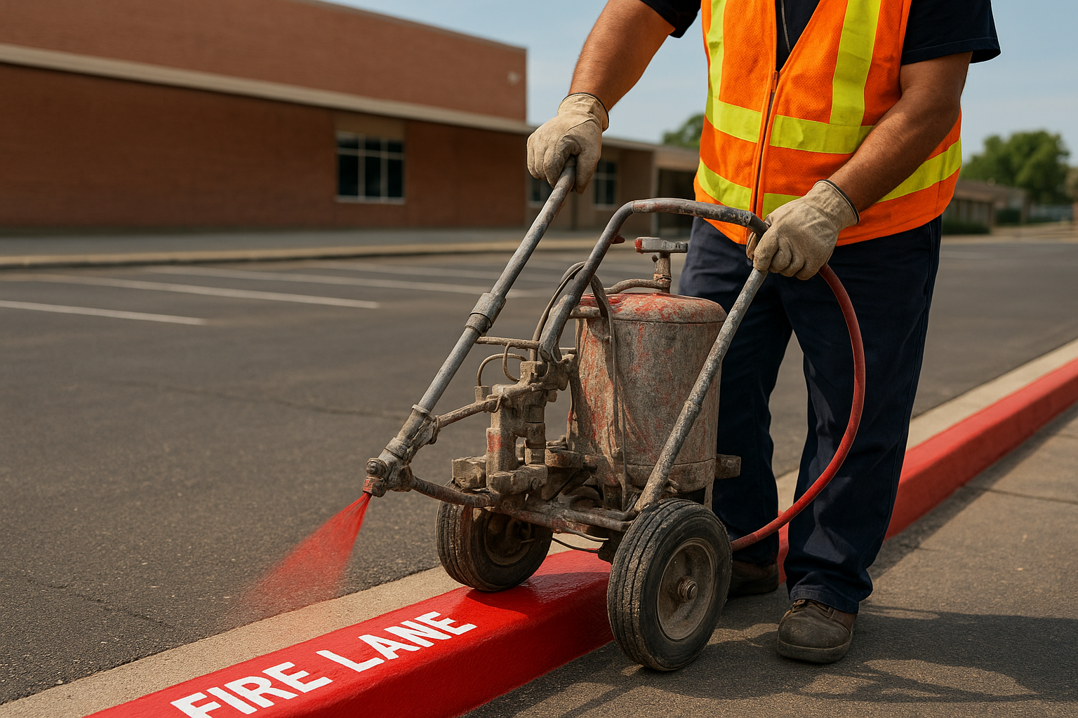 Contractor painting red fire lane curb markings in a school parking lot