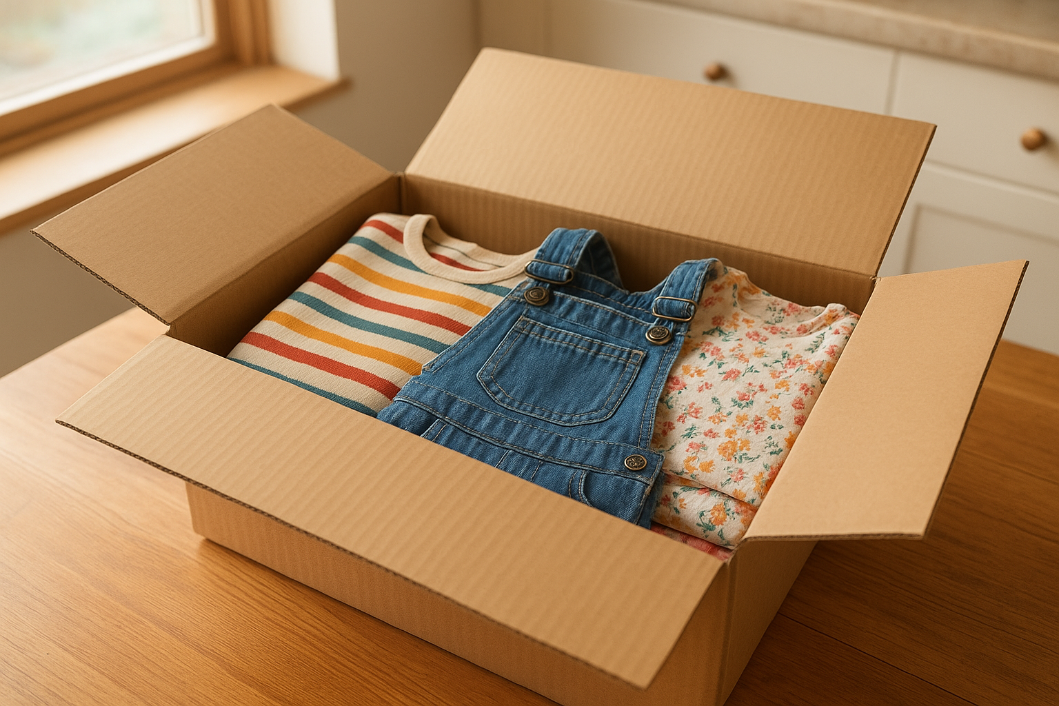 Open children's fashion rental box on a kitchen table filled with colorful folded kids' outfits