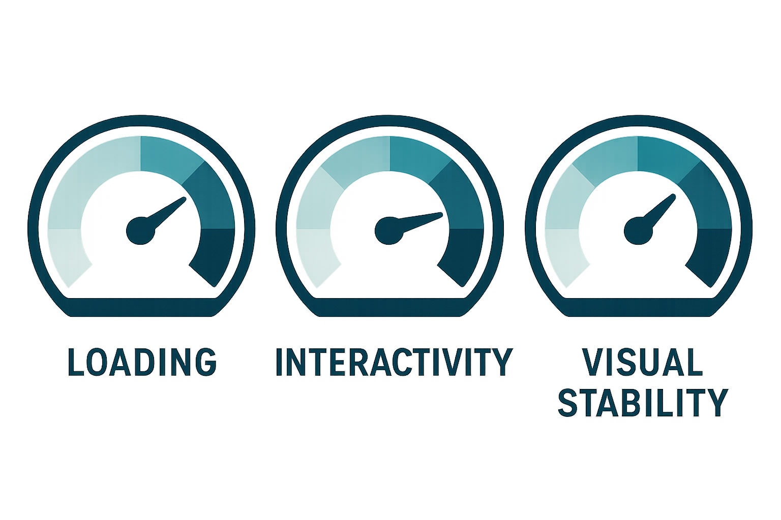 Illustration of three performance gauges representing Core Web Vitals measured by a page speed test