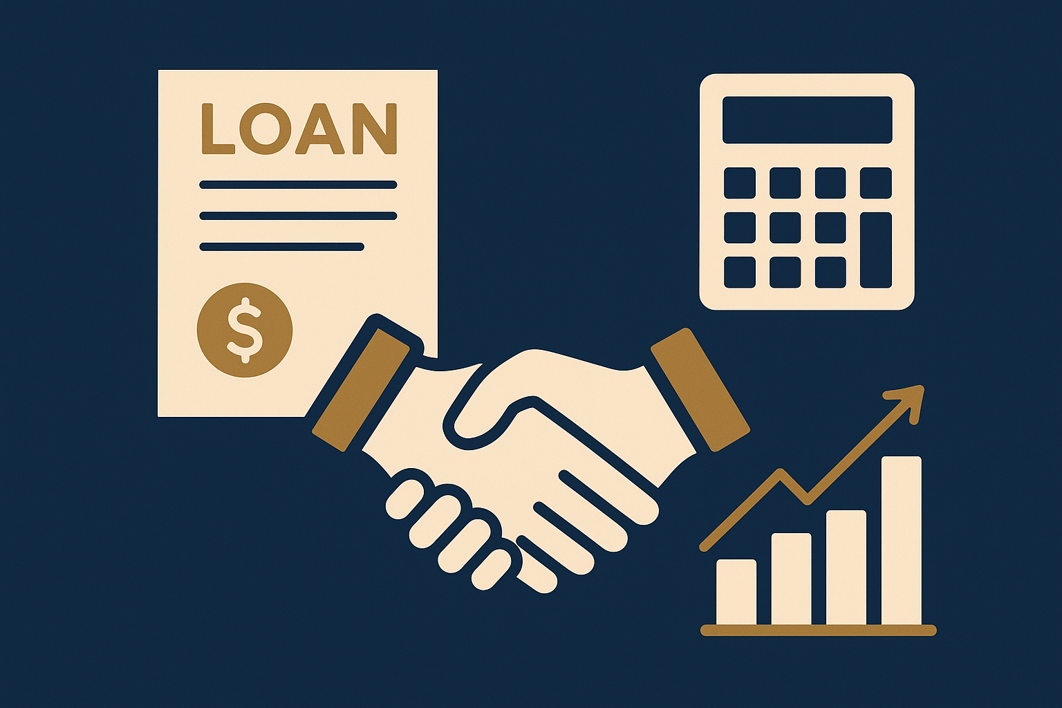 Icons representing SBA loans, business lines of credit, and equipment financing solutions