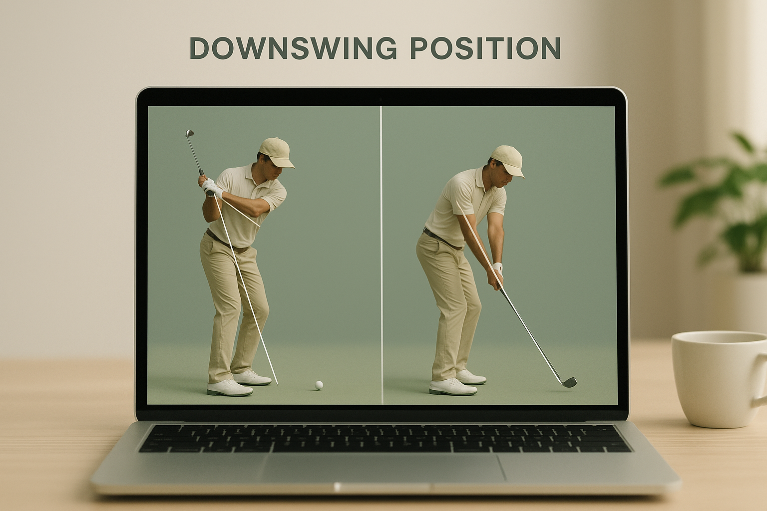 Split-screen biomechanical analysis of a golfer's downswing shown on a laptop screen