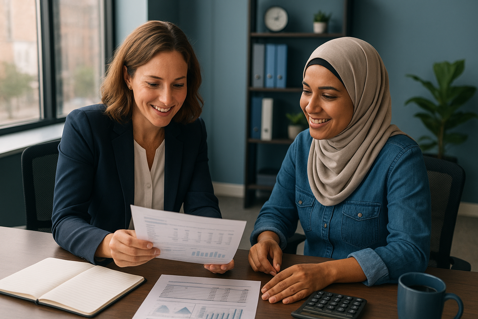 Accountant reviewing immigrant entrepreneur accounting records with a Minneapolis small business owner