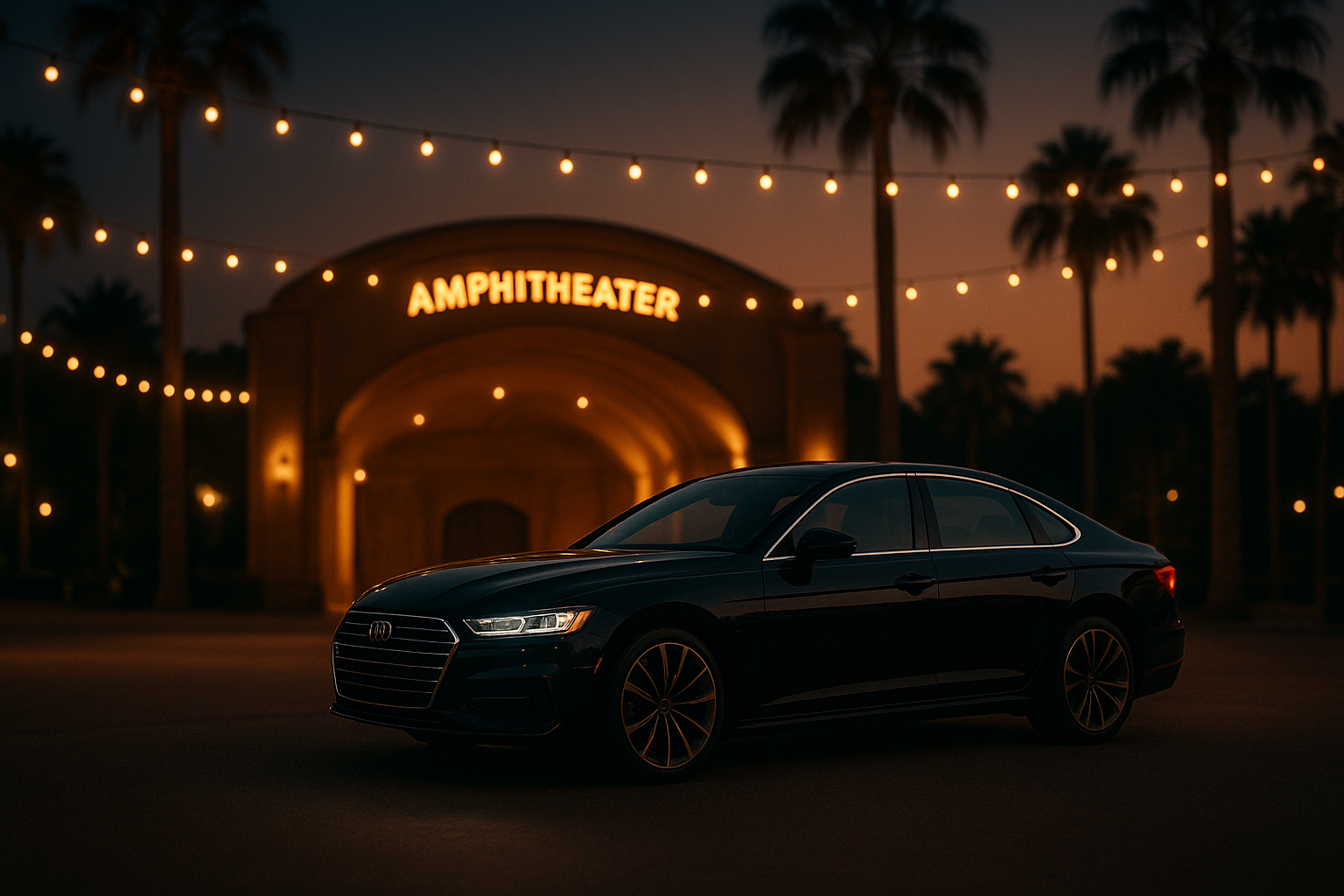 Orange County to Hollywood Bowl luxury chauffeur service car waiting at amphitheater entrance at dusk