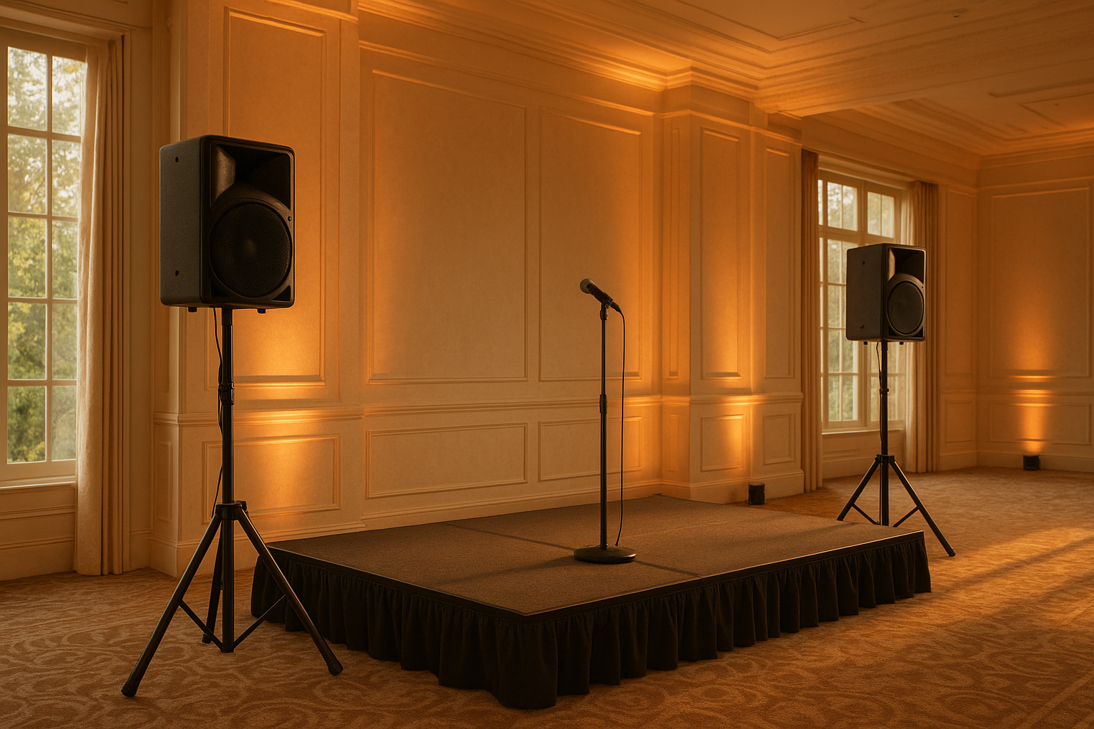 Audio visual rental Evansville IN setup with speakers, microphone, and uplighting in a banquet hall