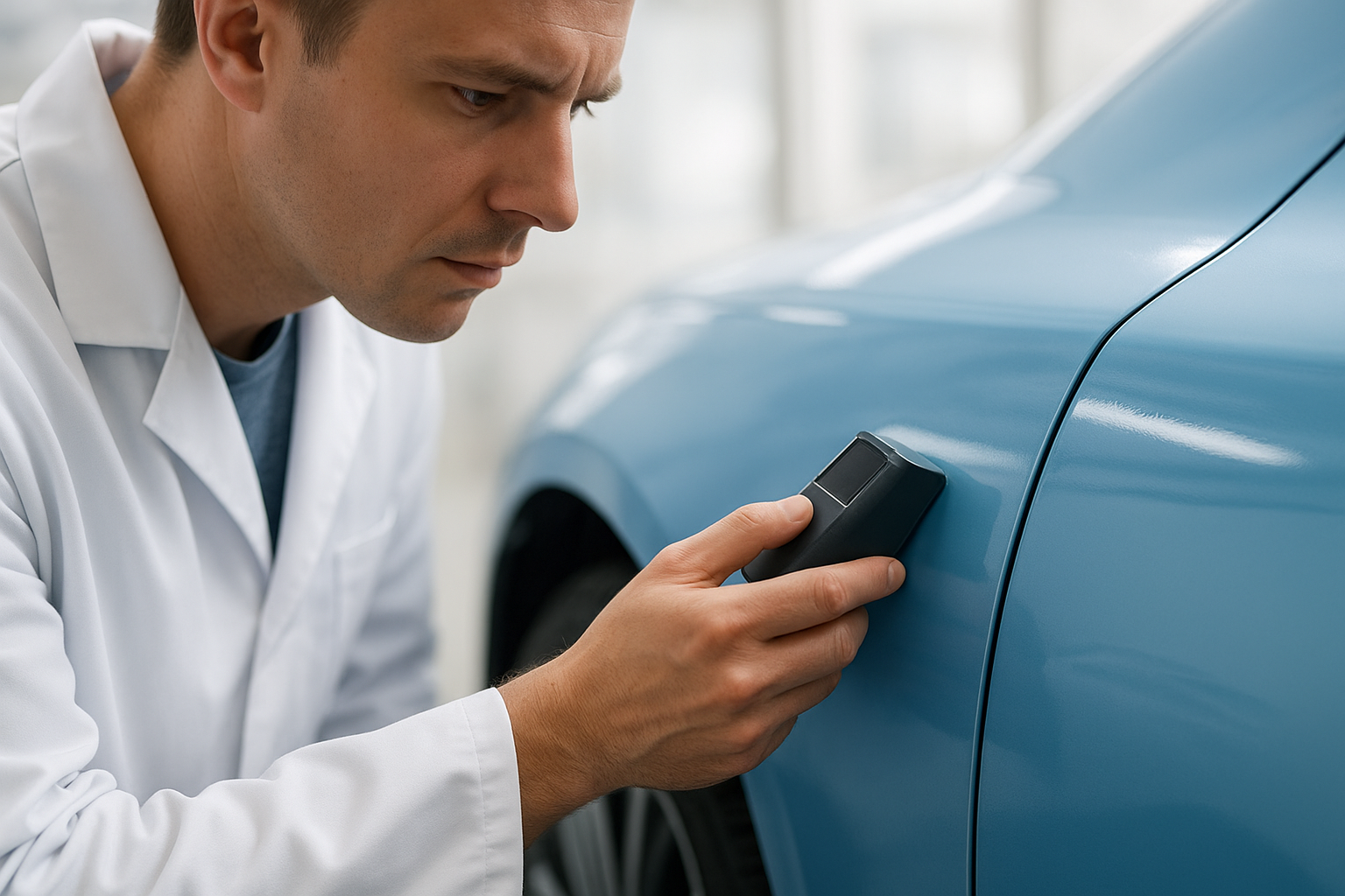 Technician inspecting a freshly painted car panel for color match quality in natural light