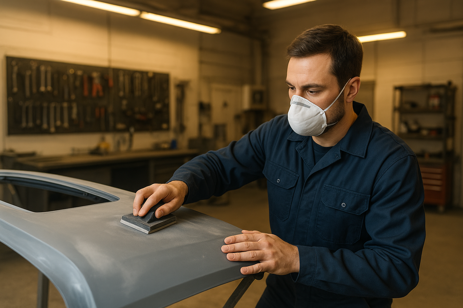 Brea auto body technician sanding a car door panel in a professional repair shop
