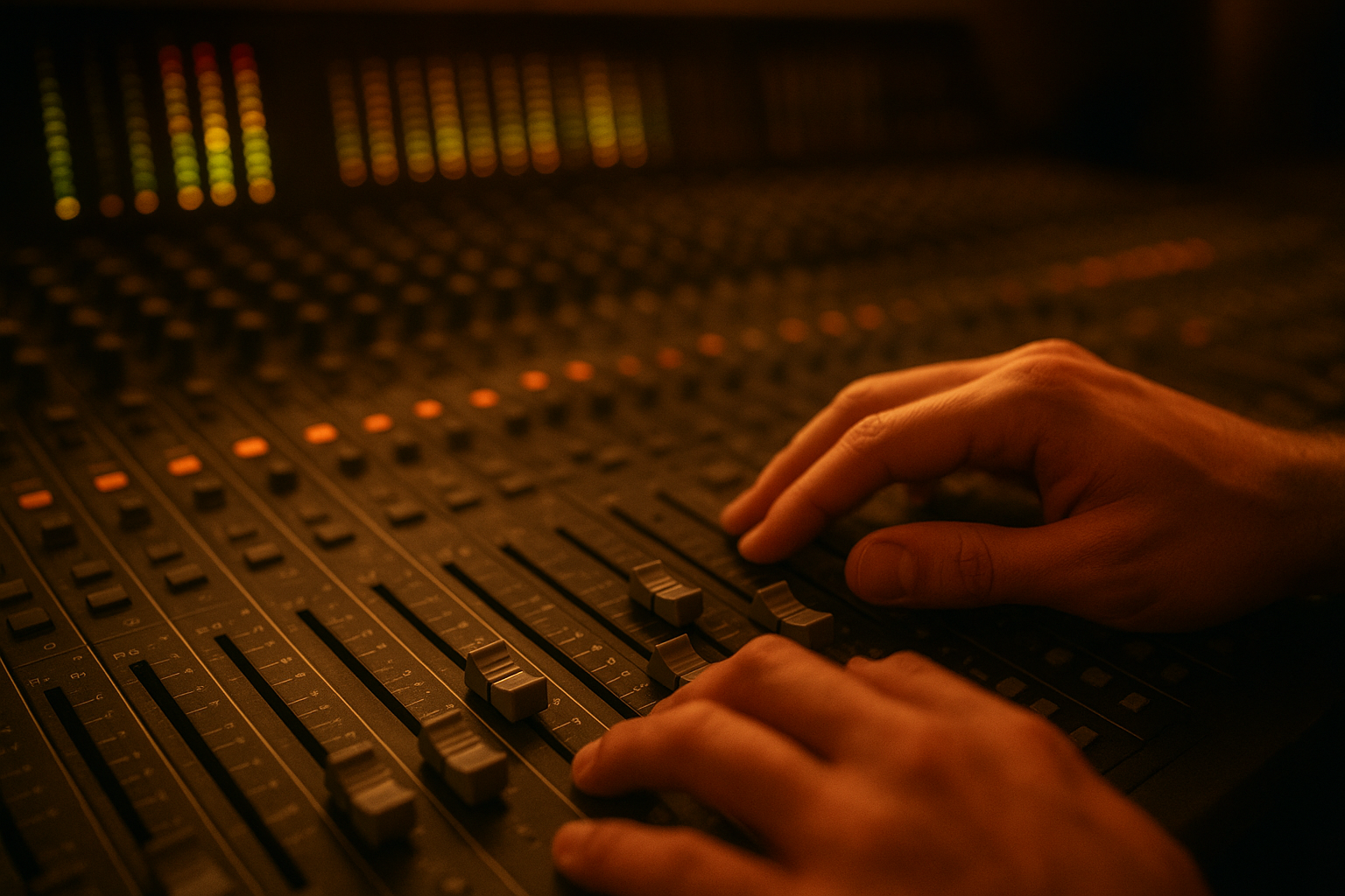 Audio engineer operating a professional mixing console during a live event AV production