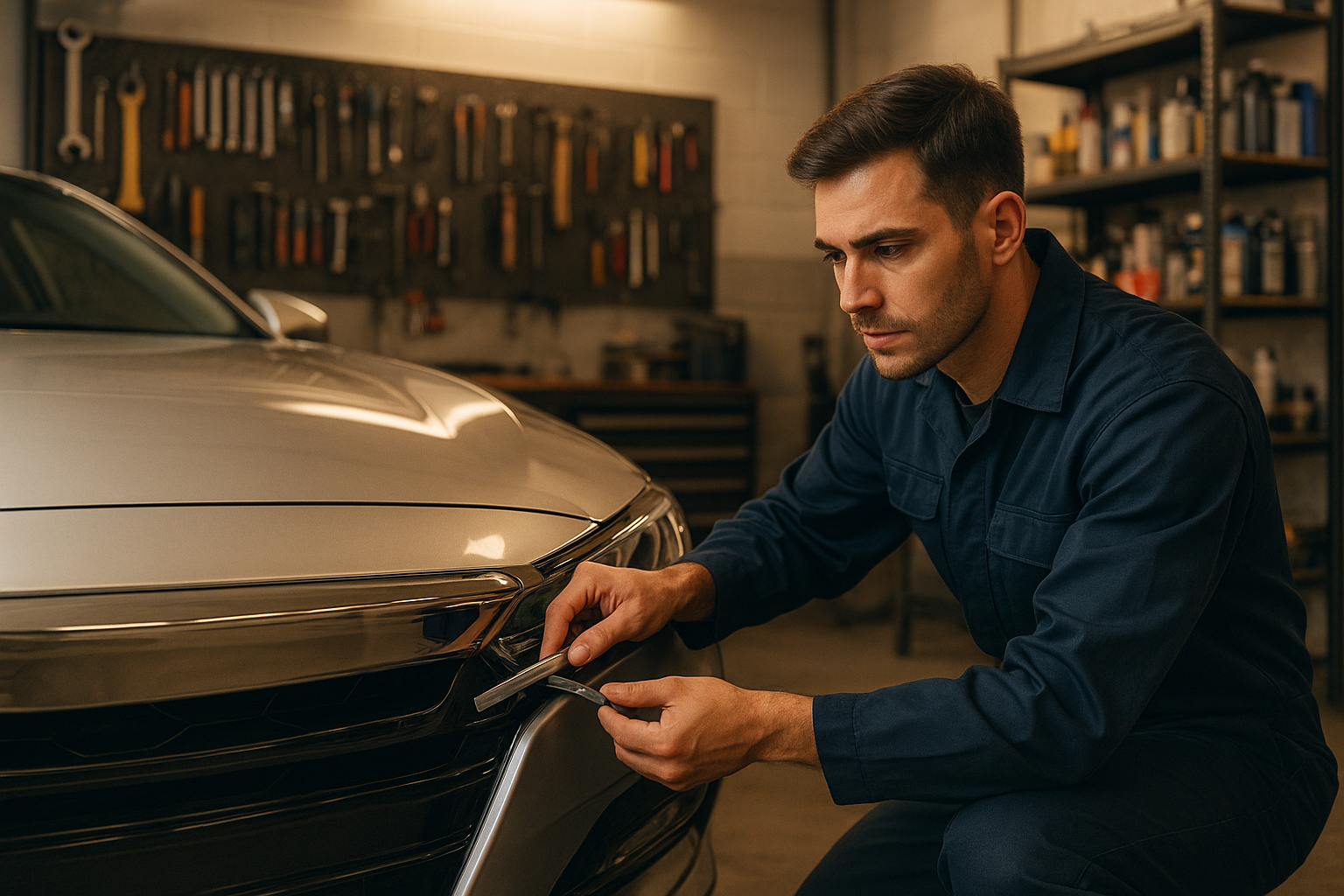 Certified technician inspecting a foreign import vehicle at a professional auto body shop near me