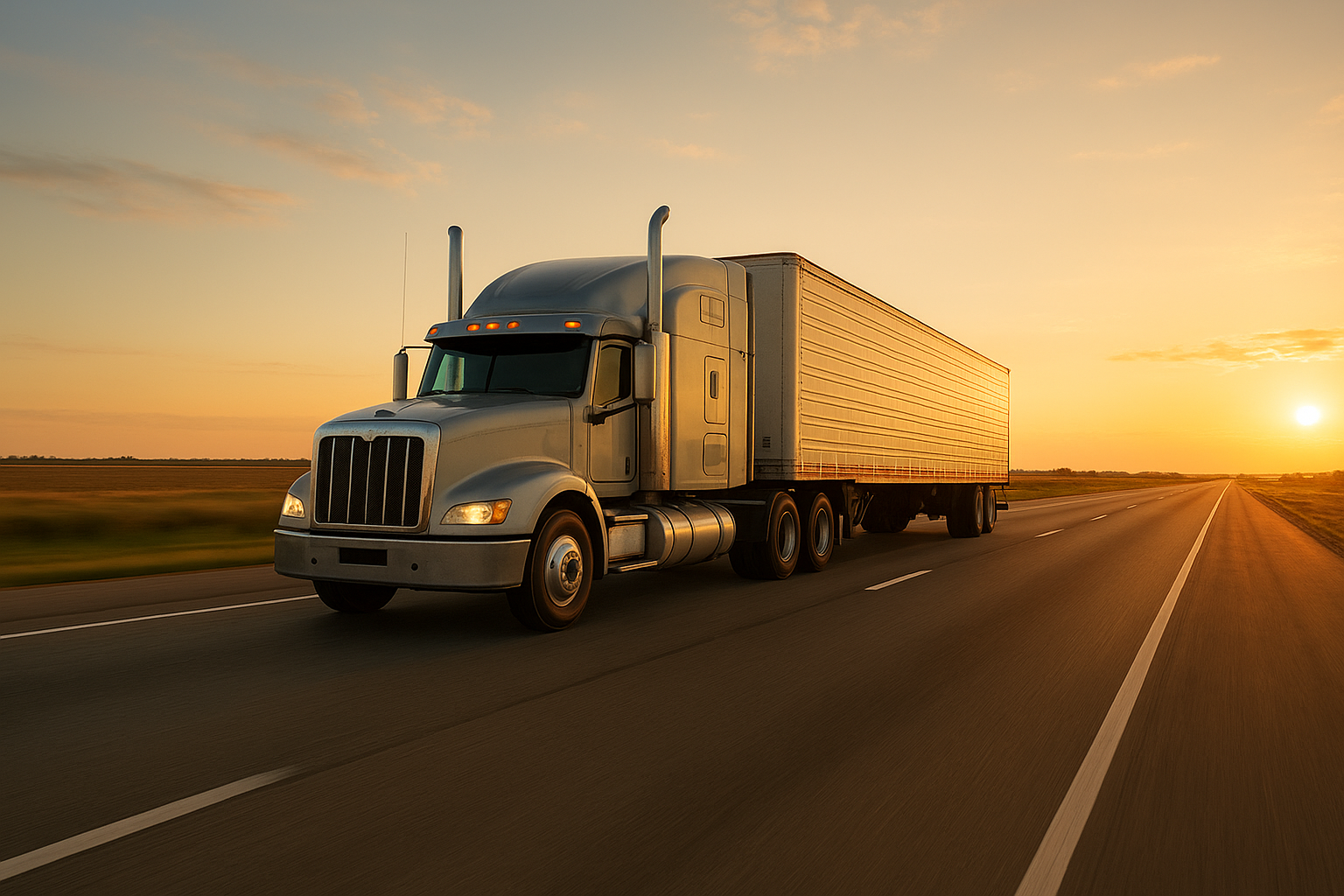 Semi-truck on a highway representing modern transportation and freight logistics