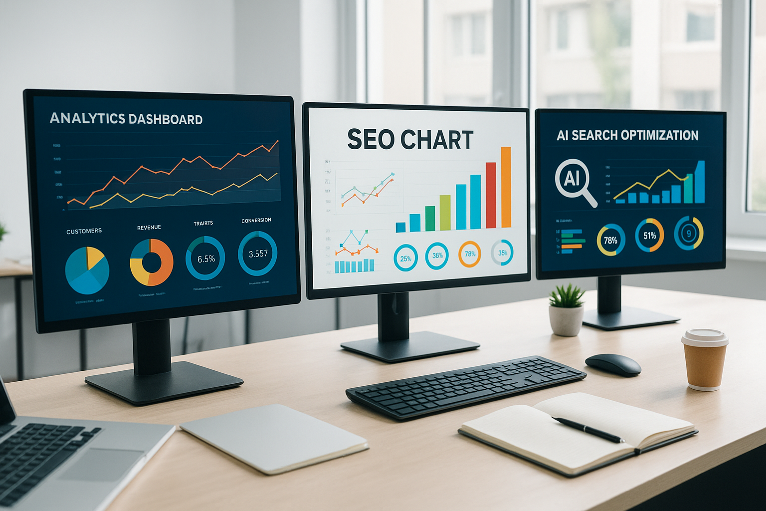 Digital marketing agency tools displayed on multiple monitors in a modern agency workspace
