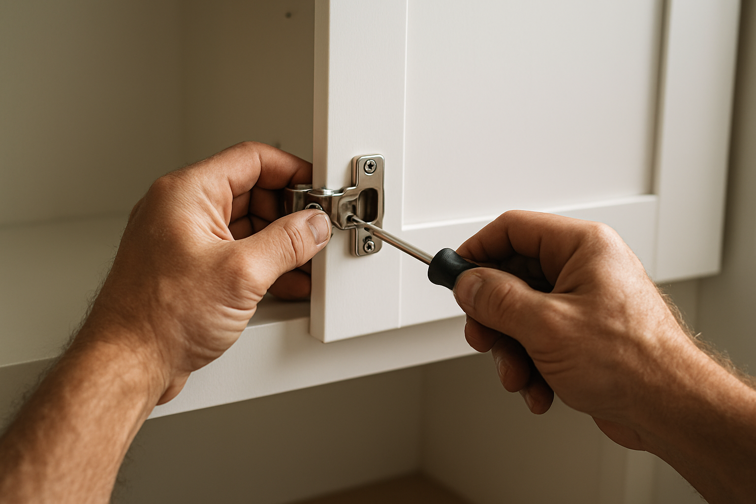 Contractor installing hardware on new kitchen cabinet doors during a Cincinnati project