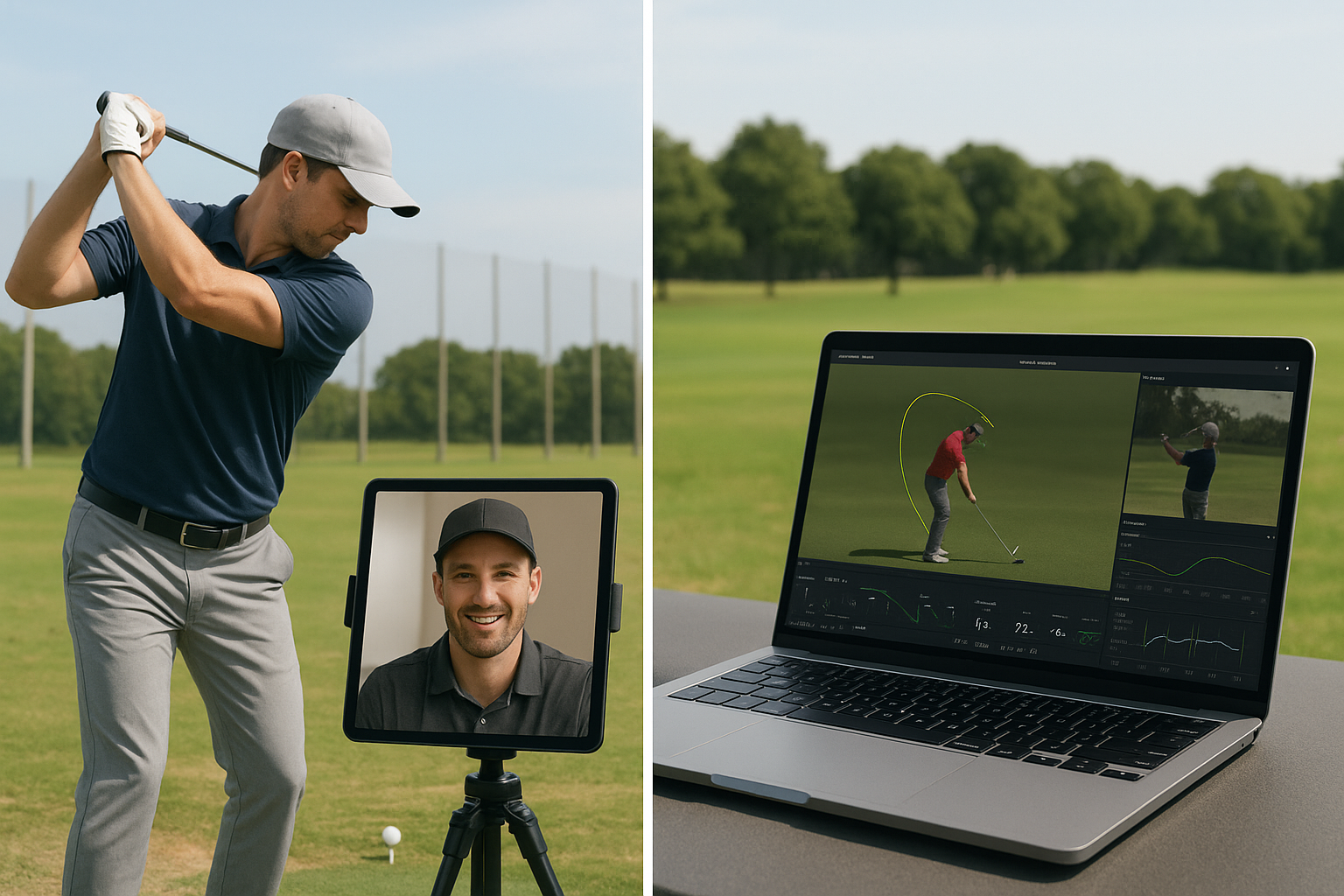 Golfer using remote video coaching to review elite golf swing drills feedback