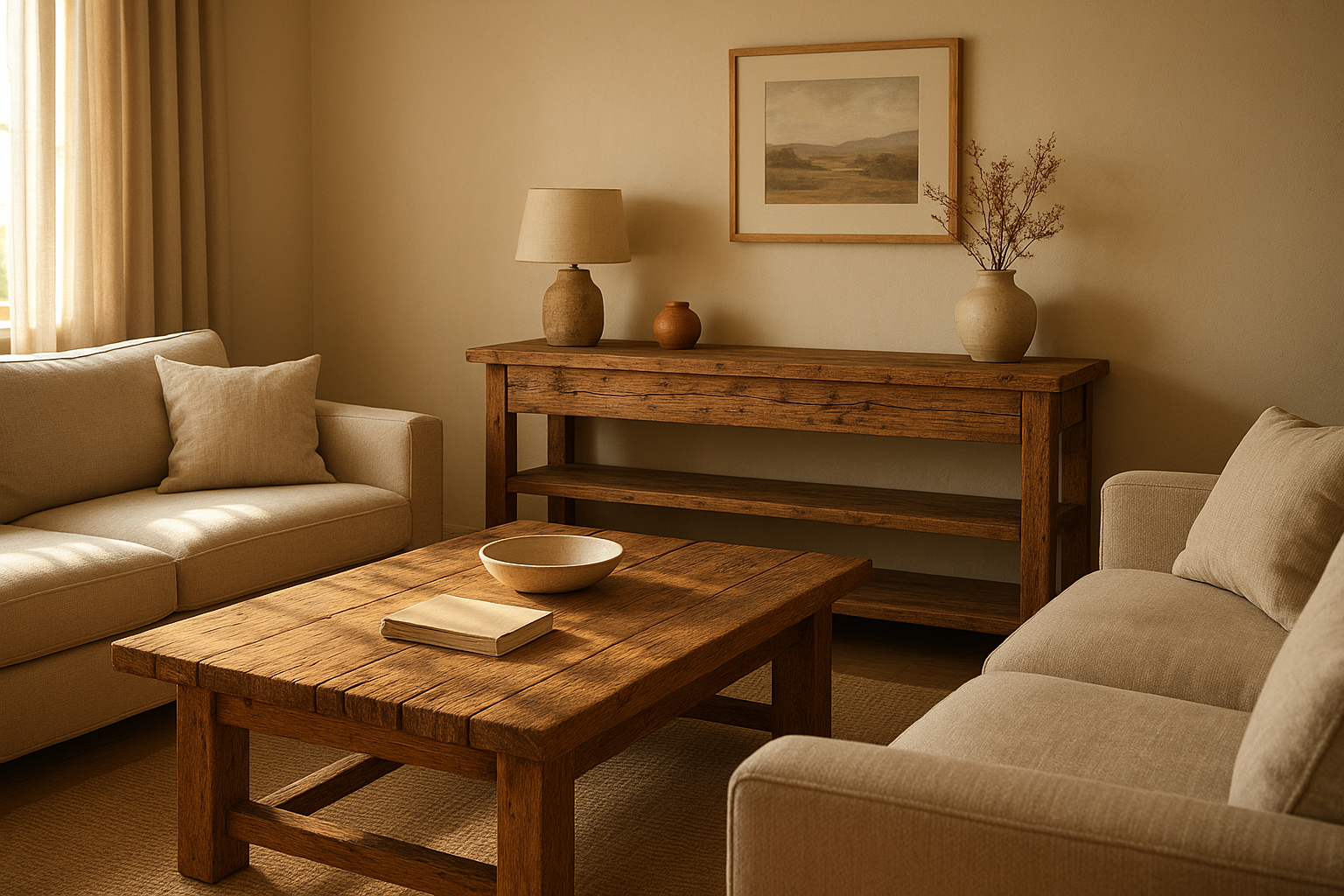 Rustic living room styled with a solid wood coffee table and matching console