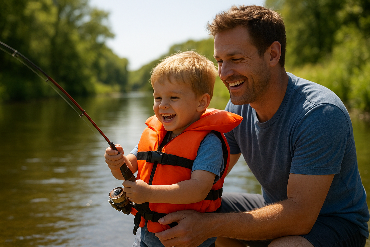 Child receiving a hands-on fishing lesson while reeling in a catch on a calm North Myrtle Beach creek