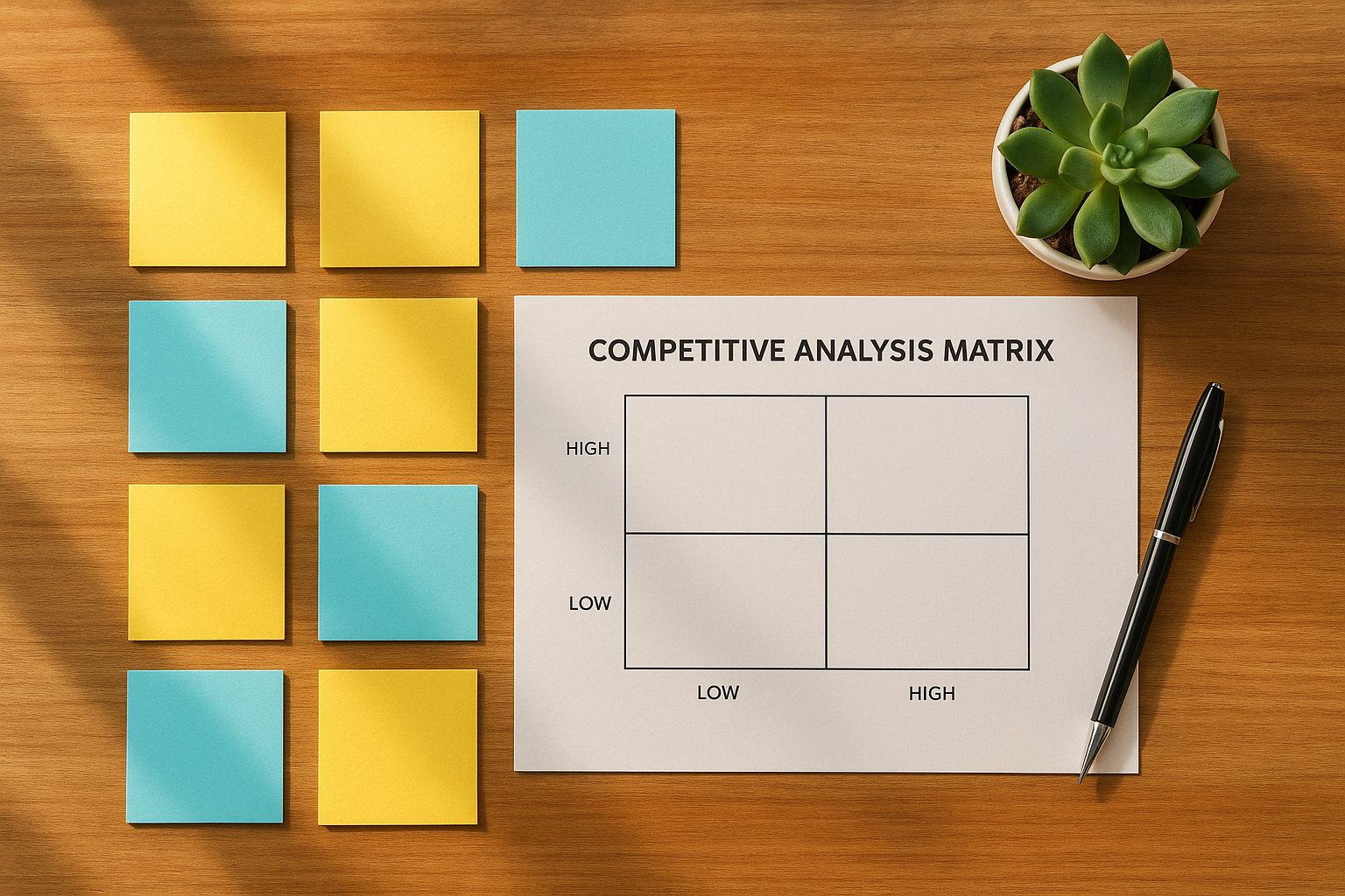 Competitive analysis matrix and keyword gap planning materials spread on a desk for SEO strategy
