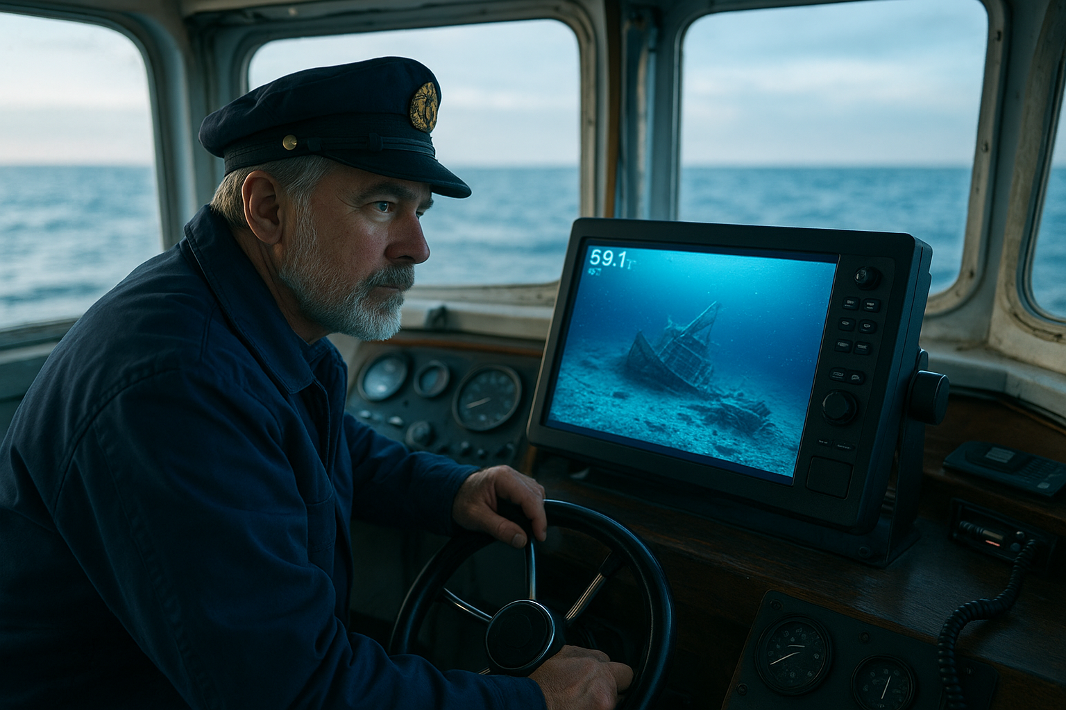 Charter captain reading sonar electronics to locate an offshore wreck fishing site