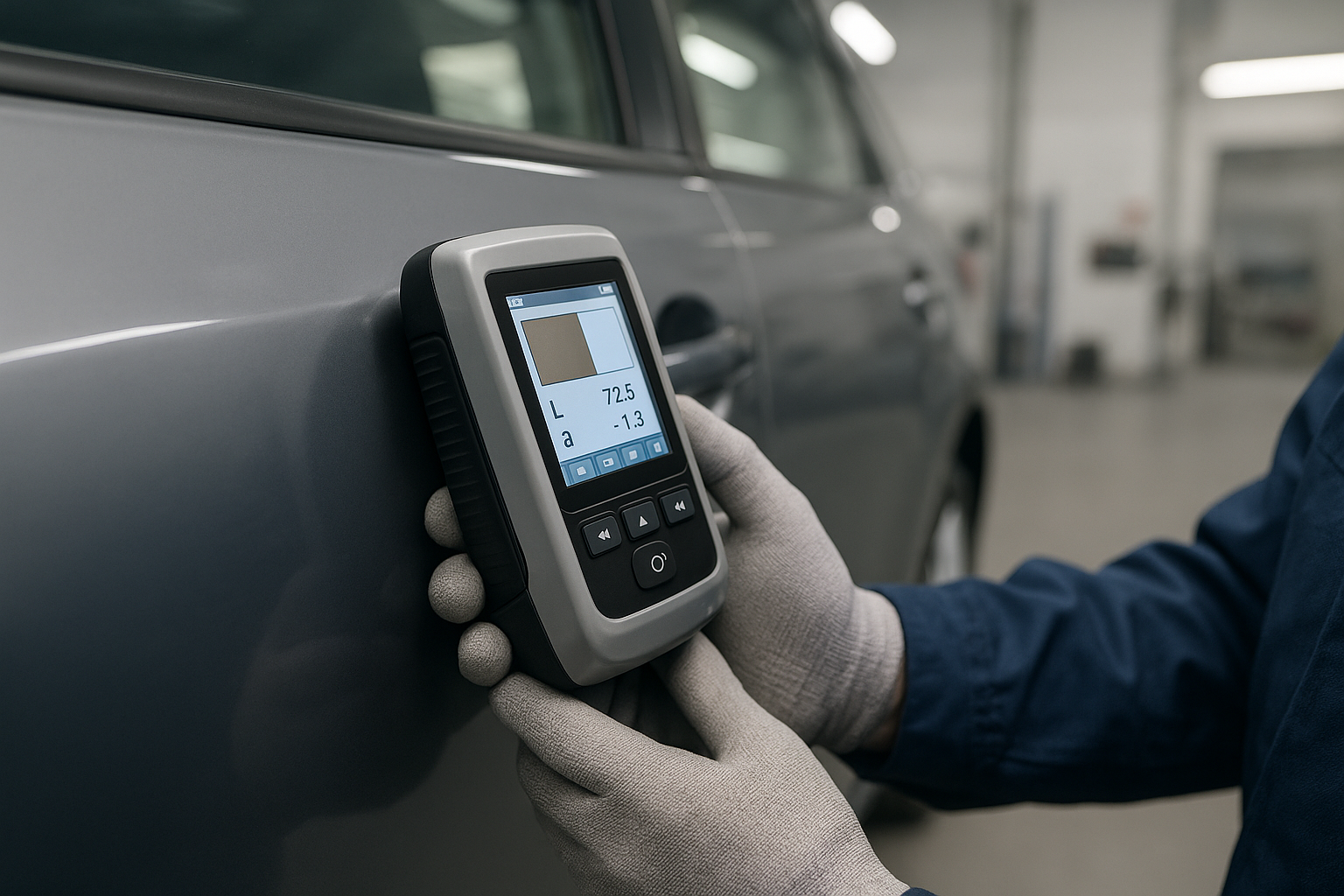 Auto body technician using computerized color matching device for precise paint repair near La Brea