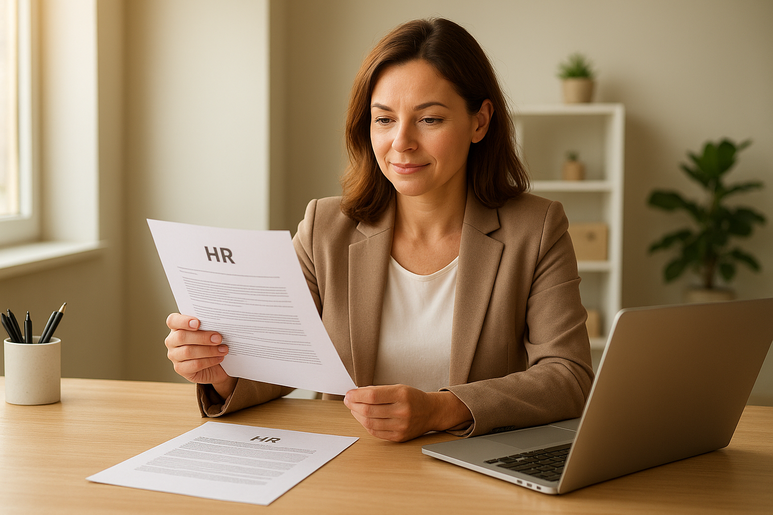 Small business owner reviewing an outsourcing resource for HR planning at her desk