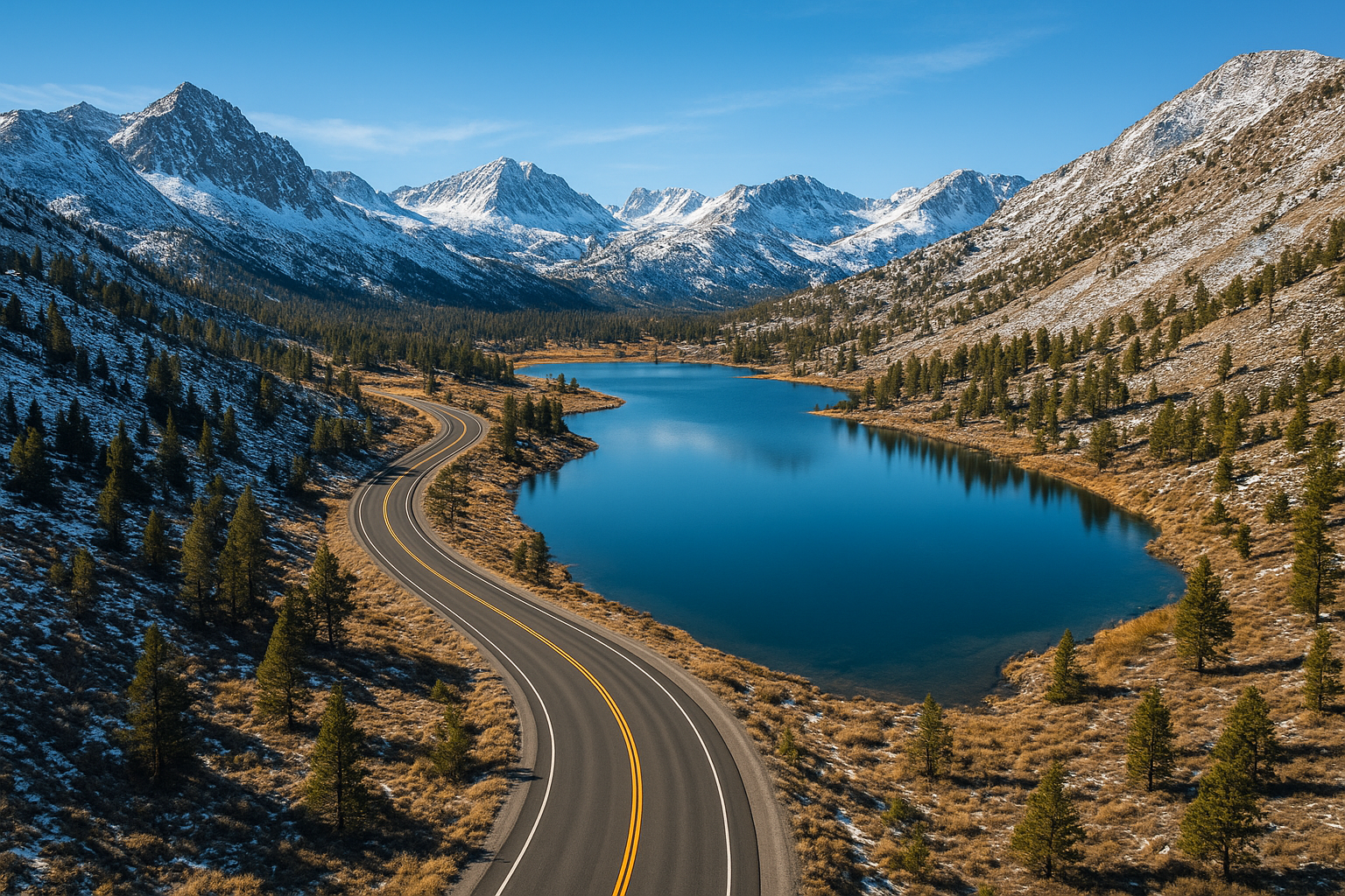 Aerial view of the Eastern Sierra highway route between Los Angeles and Mammoth Lakes