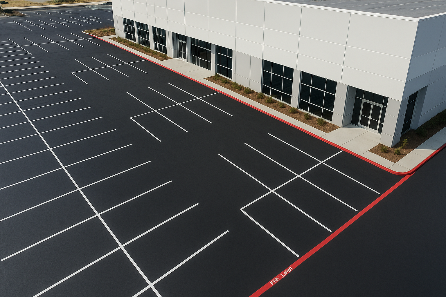 Aerial view of a commercial parking lot showing a marked fire lane and fresh striping