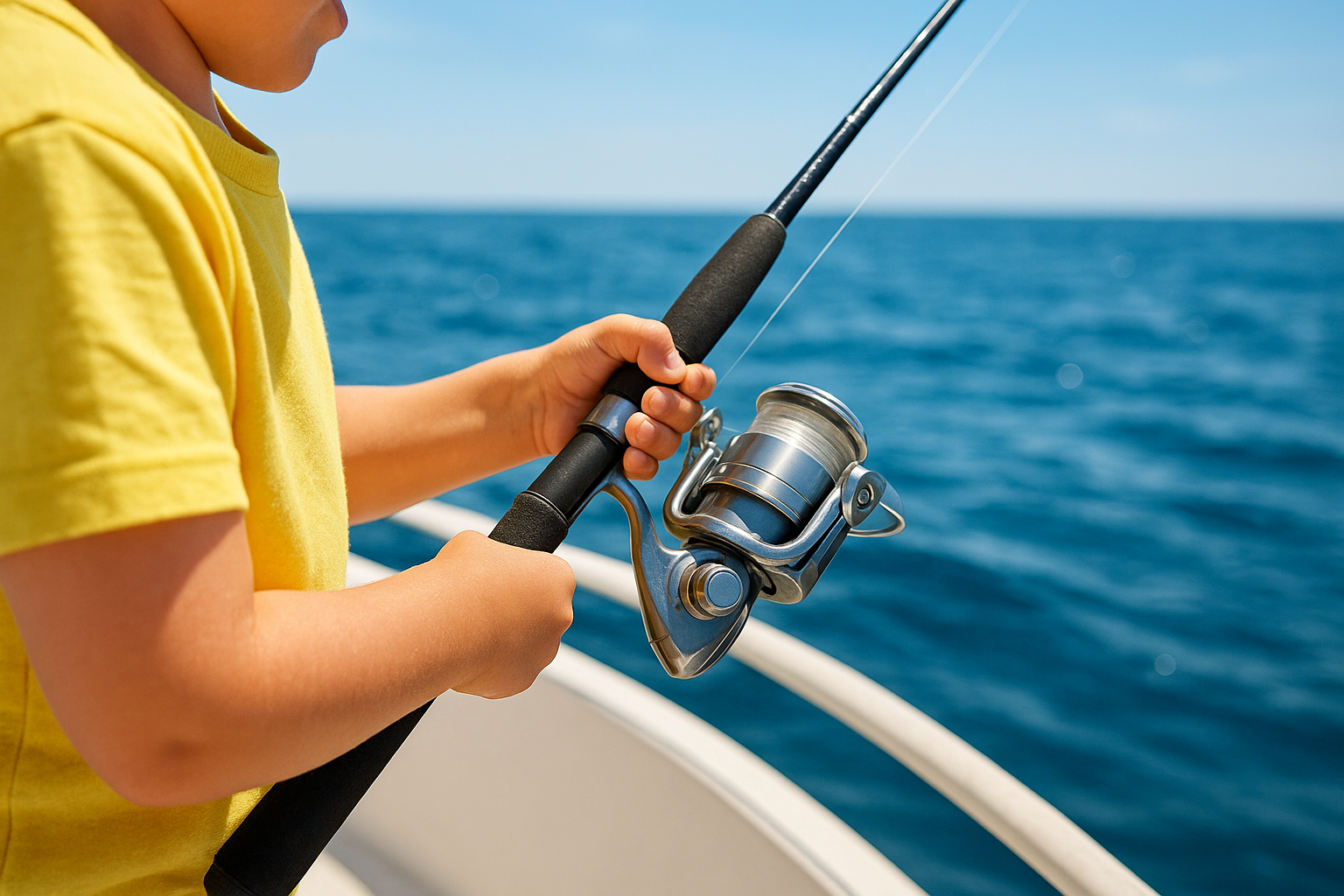 Child reeling in a catch during a family fishing trip near Myrtle Beach