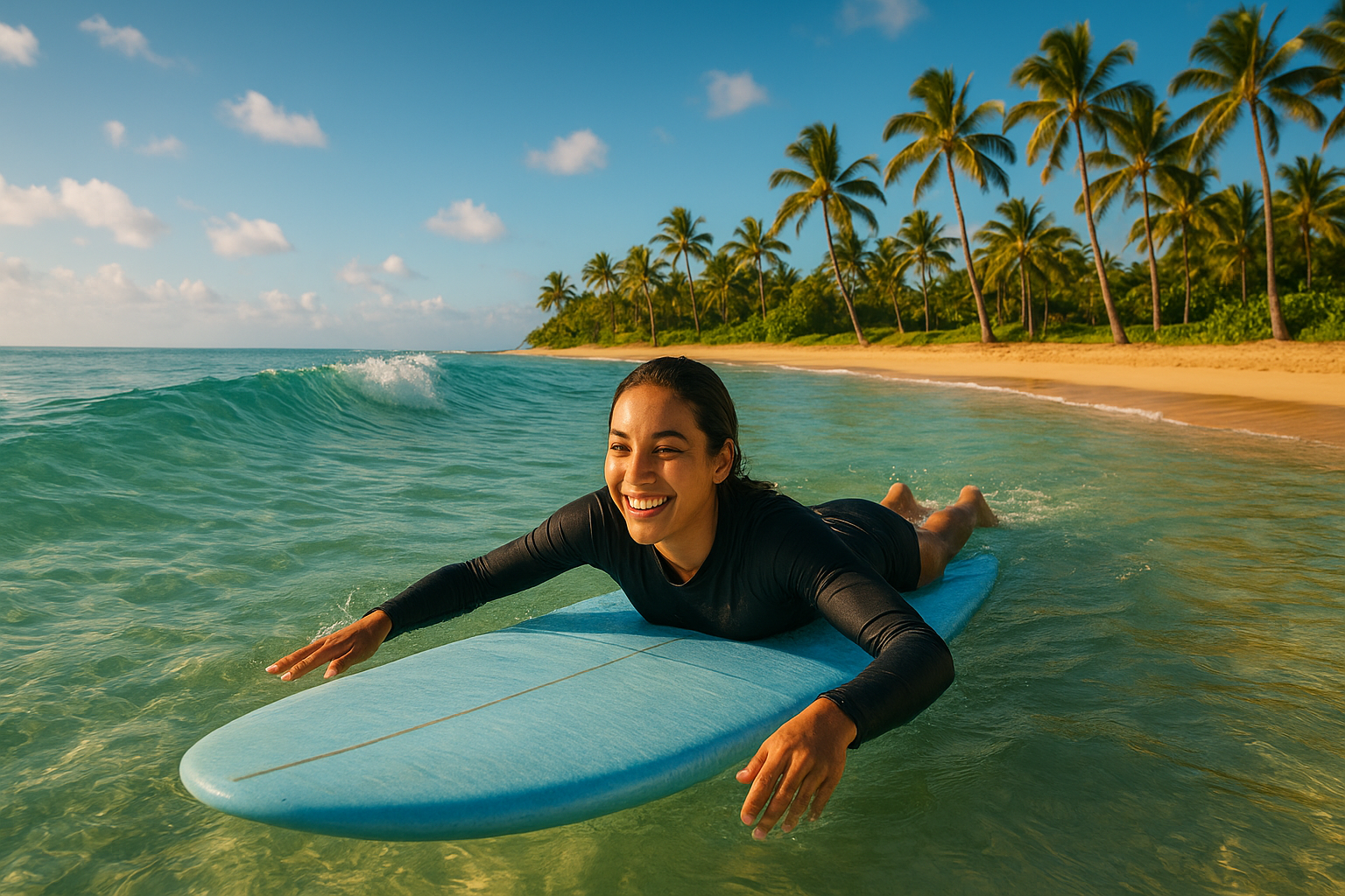 Beginner surfer paddling on a foam longboard to learn to surf Oahu at Waikiki Beach
