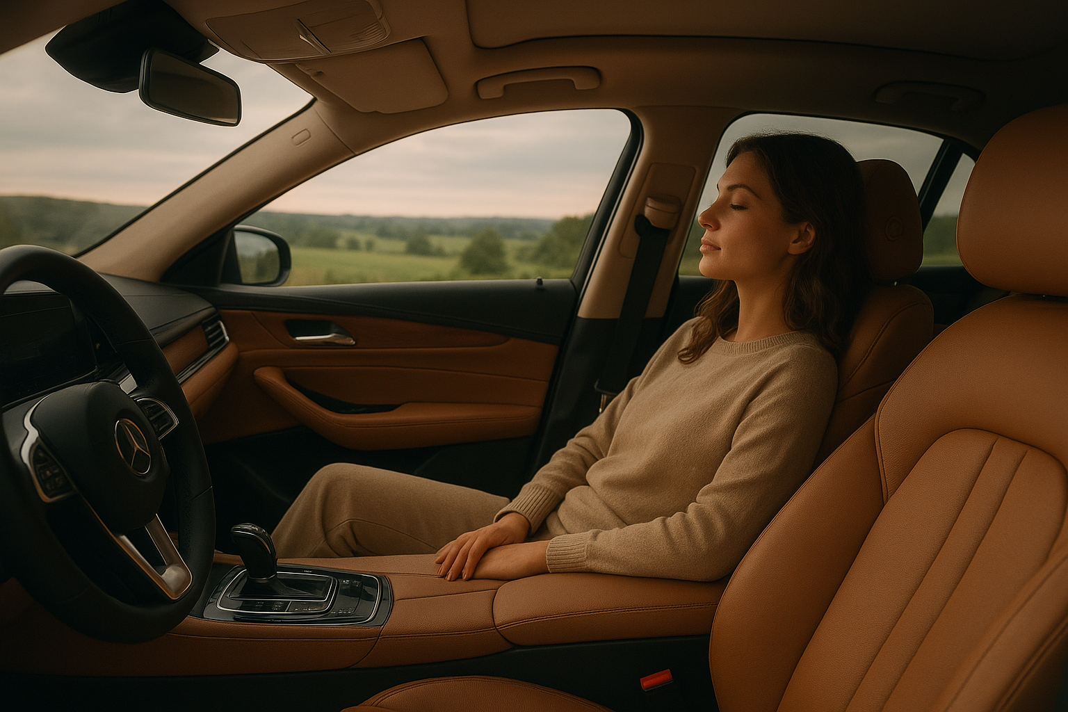 Passenger relaxing inside a luxury vehicle during a long-distance intercity trip