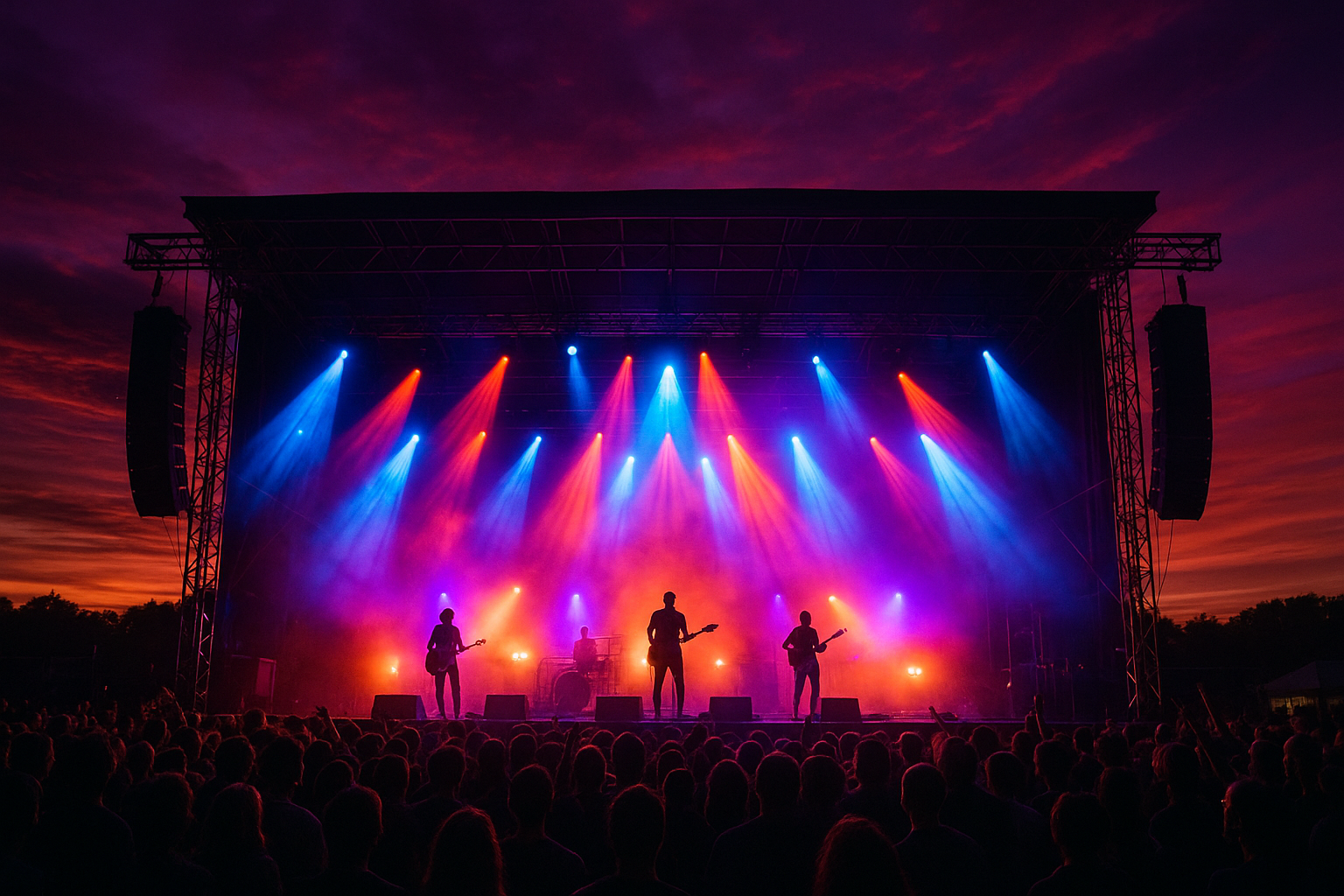 Outdoor festival stage with professional lighting rental and staging equipment at a live event in Indiana