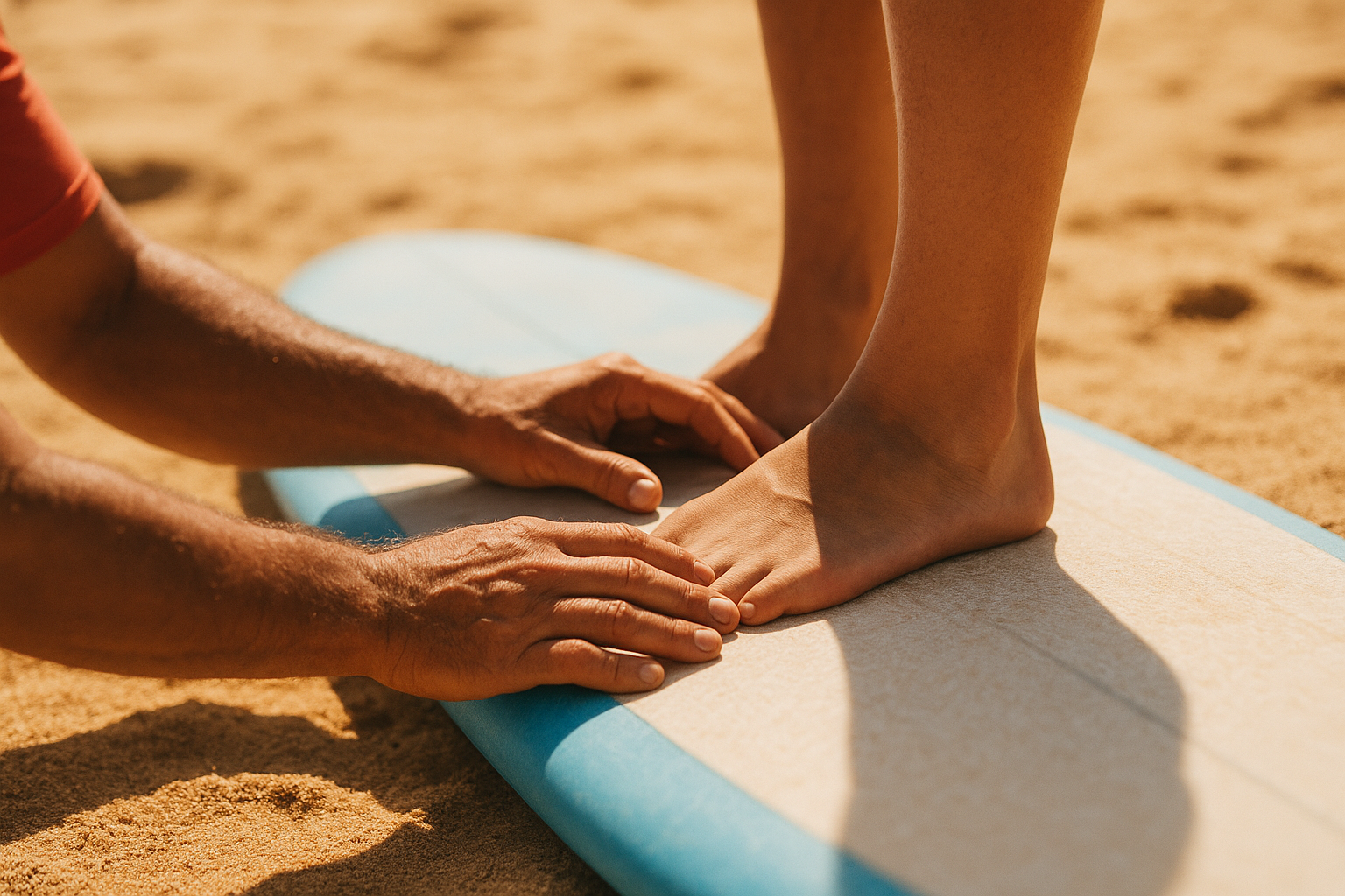 Surf instructor correcting student foot position on a foam surfboard during a beach briefing before a private lesson