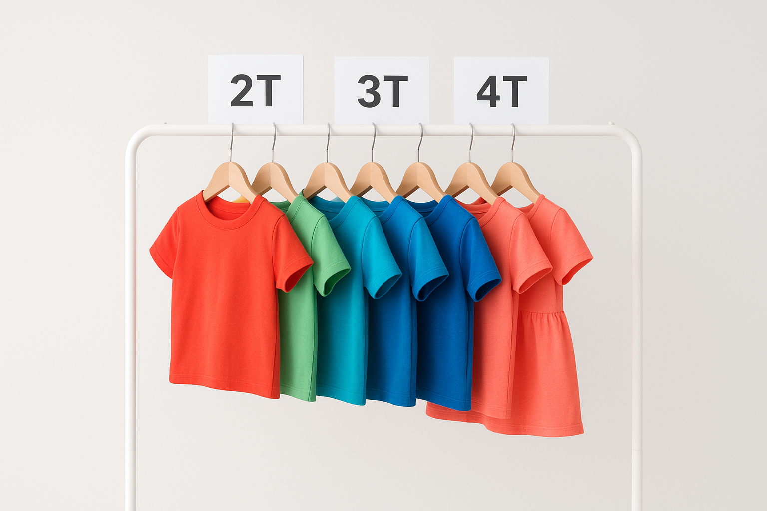 Rack of curated children's apparel organized by size for a rental membership