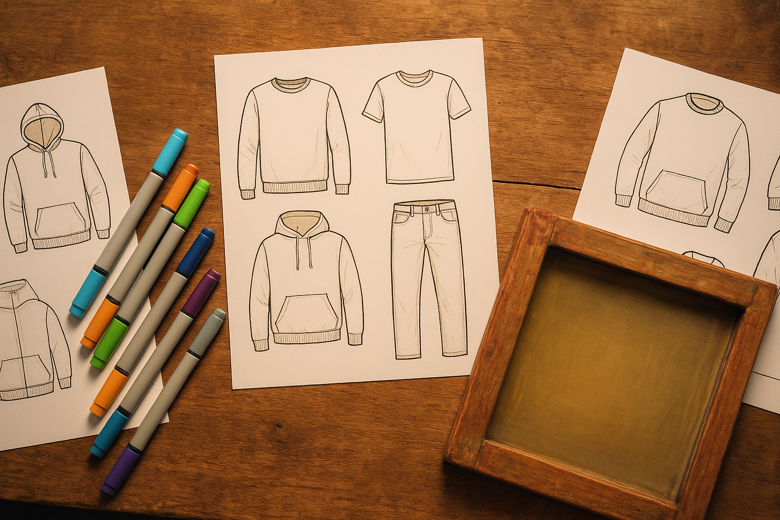 Custom apparel design sketches and screen printing frame laid out on a workshop table