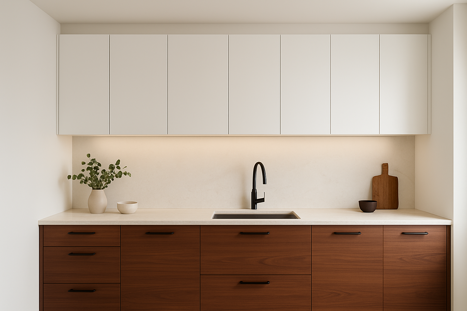 Modern kitchen showcasing 2025 cabinet style trends with two-tone flat-front and walnut cabinets