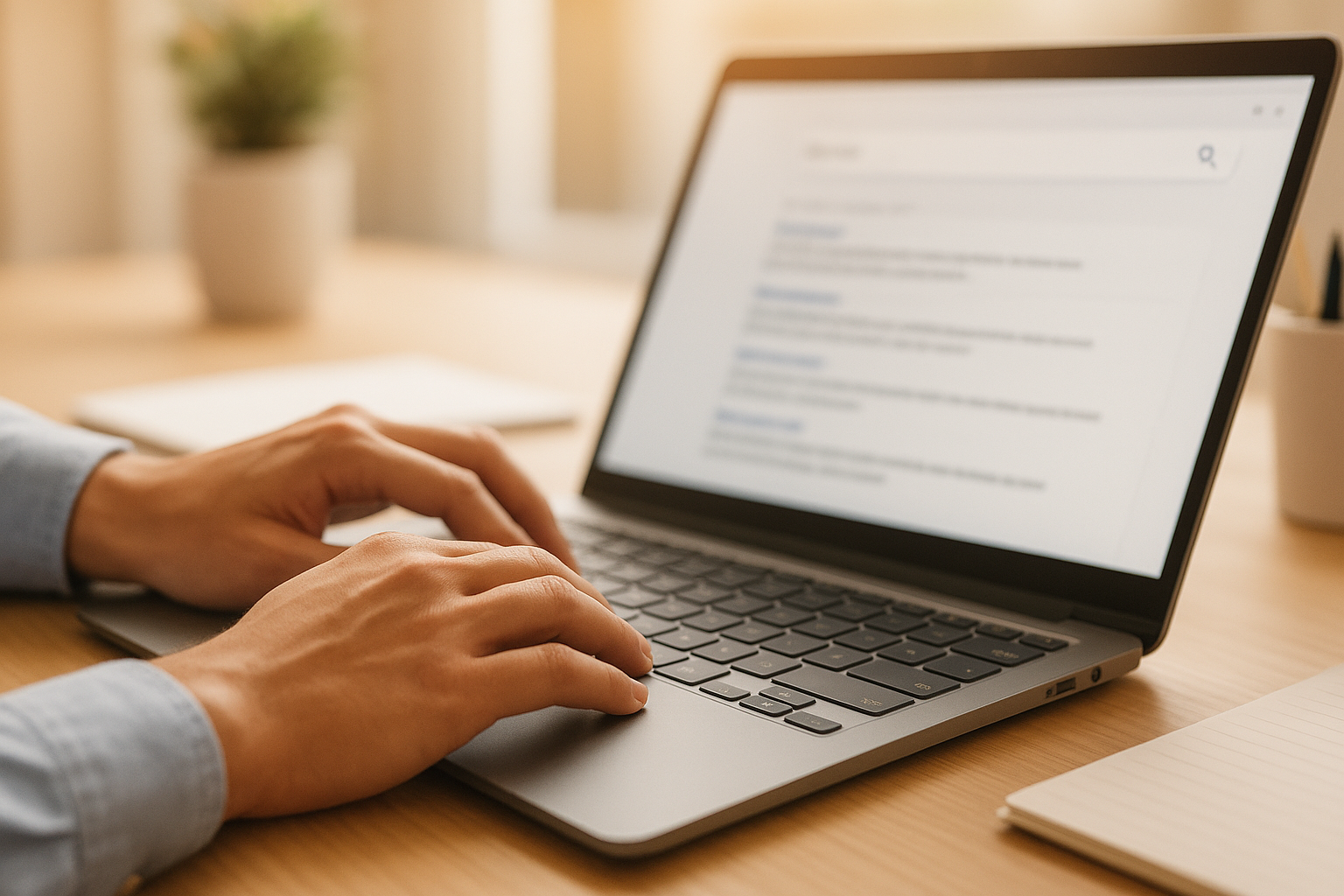 Website owner typing to review search engine optimization results on a laptop