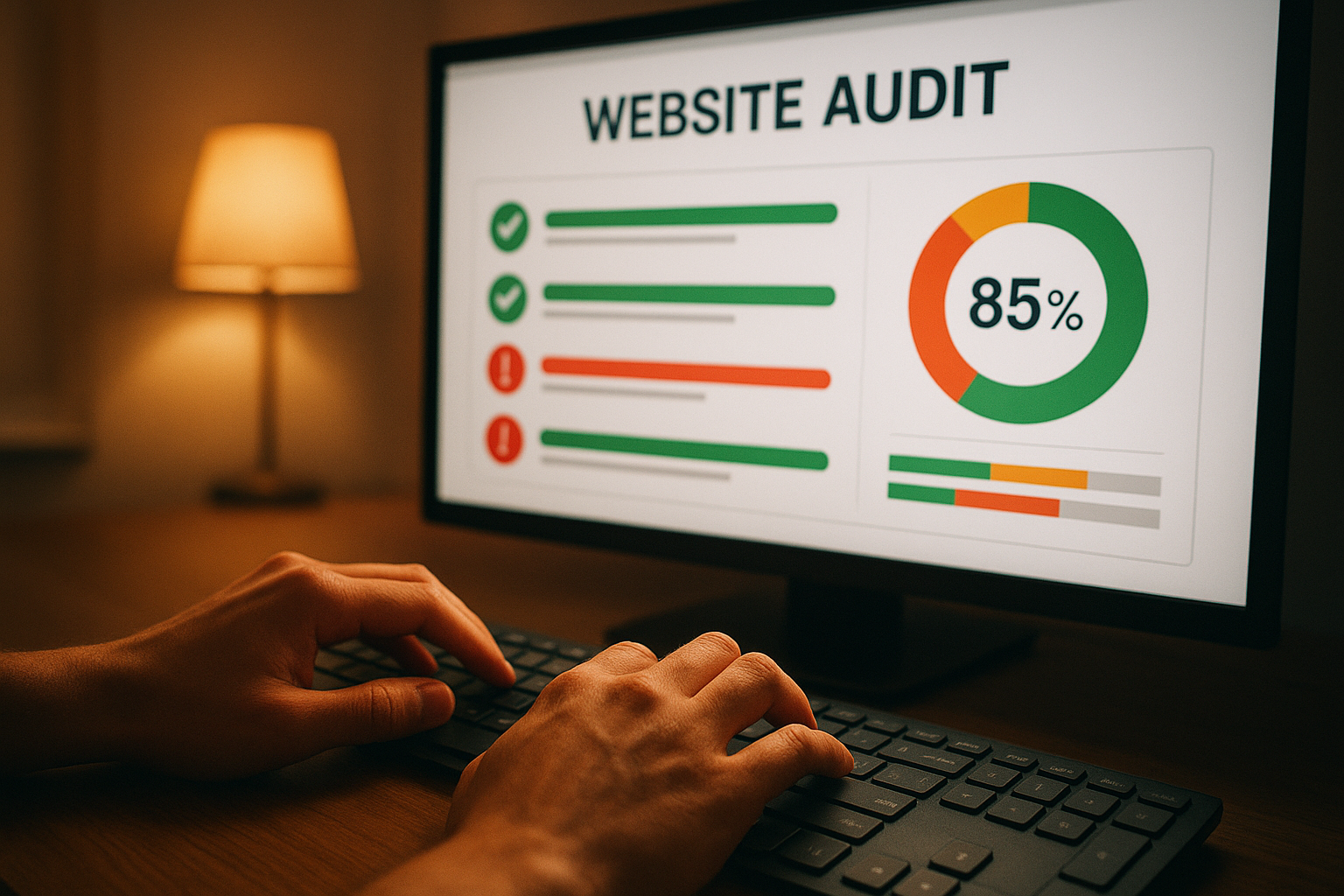 Person running a website audit using an online SEO analysis tool on a desktop computer