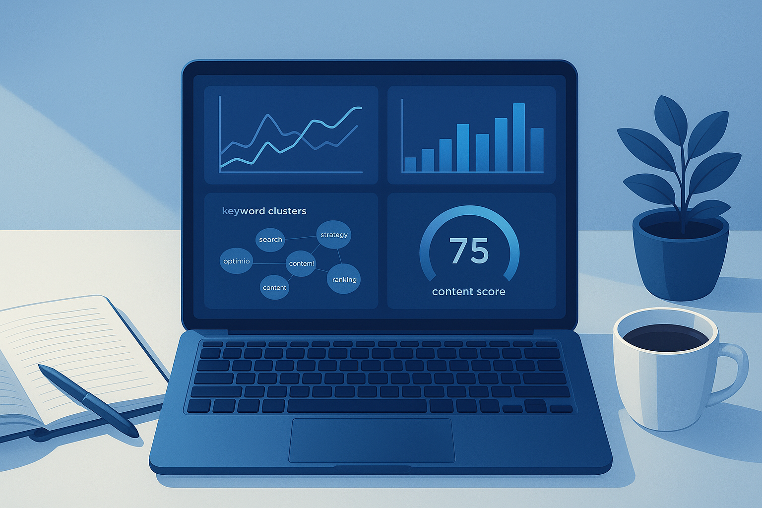 AI-based SEO content tools dashboard showing keyword data and content optimization scores on a laptop