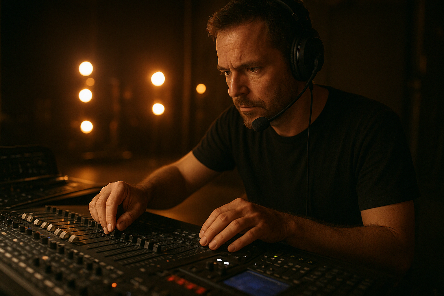 AV technician operating a mixing board during a live event setup