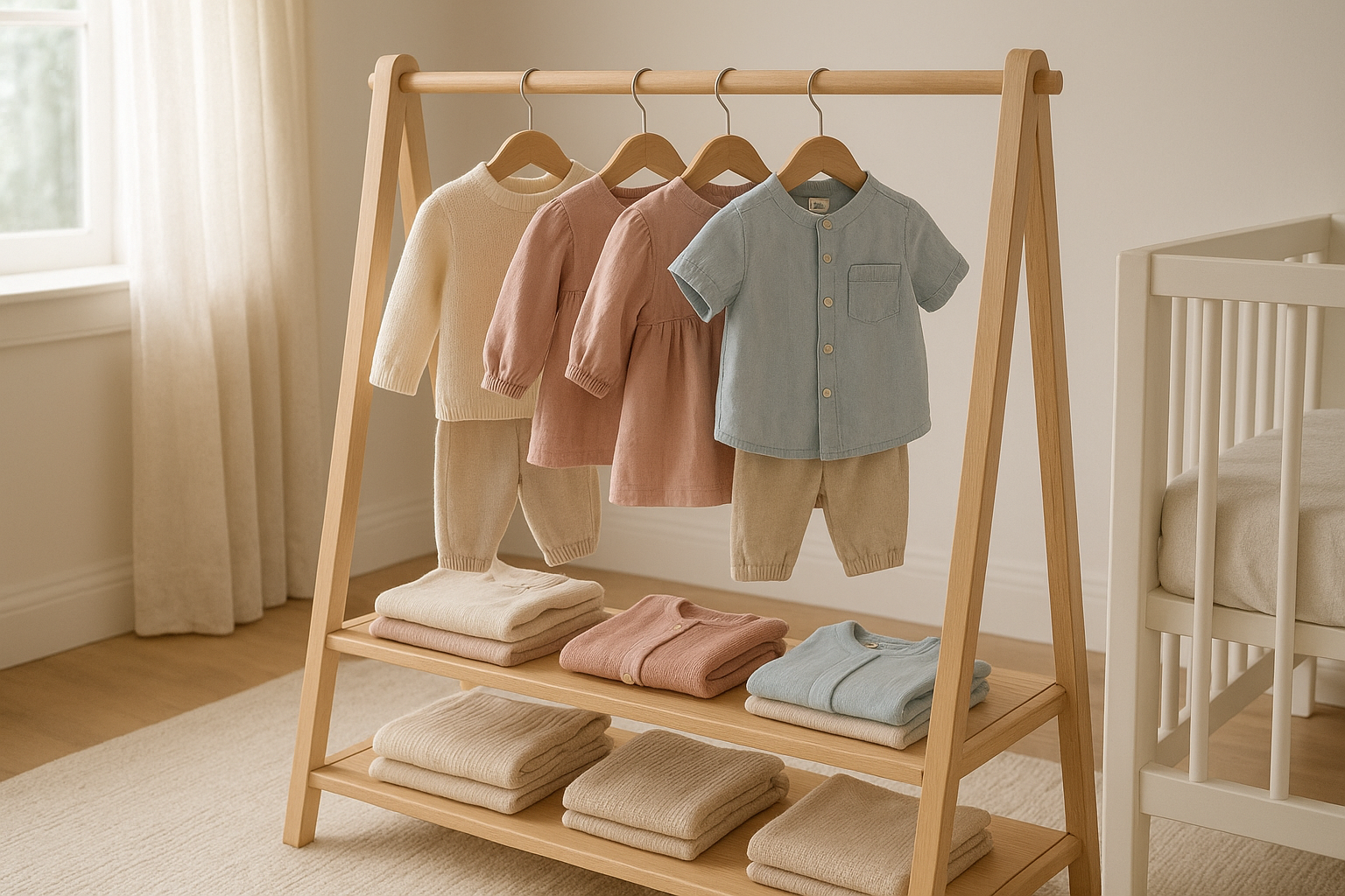 Rack of curated outfits from a children's clothing delivery subscription