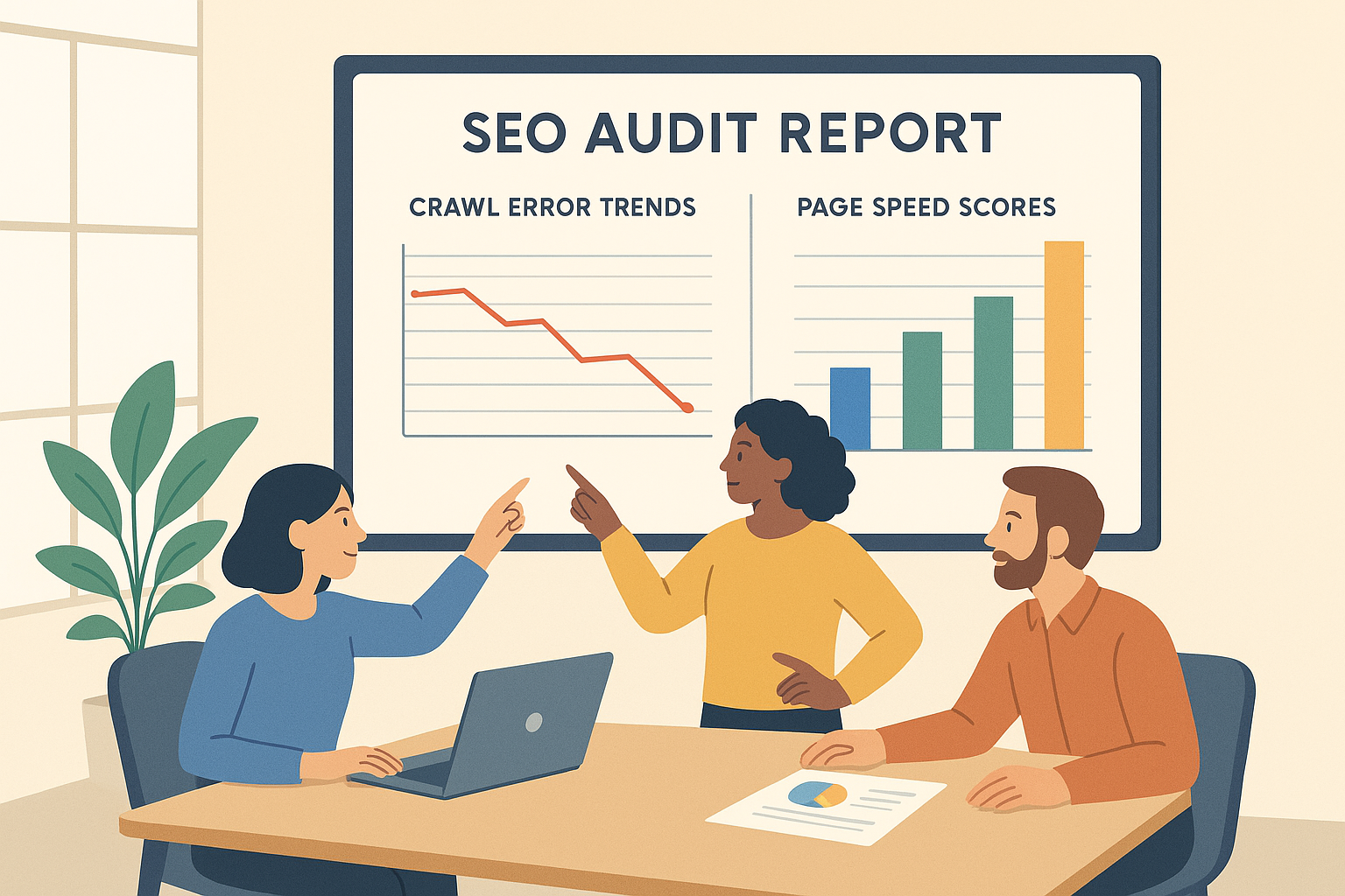 Agency team reviewing weekly technical SEO audit results and crawl health reports on a large screen