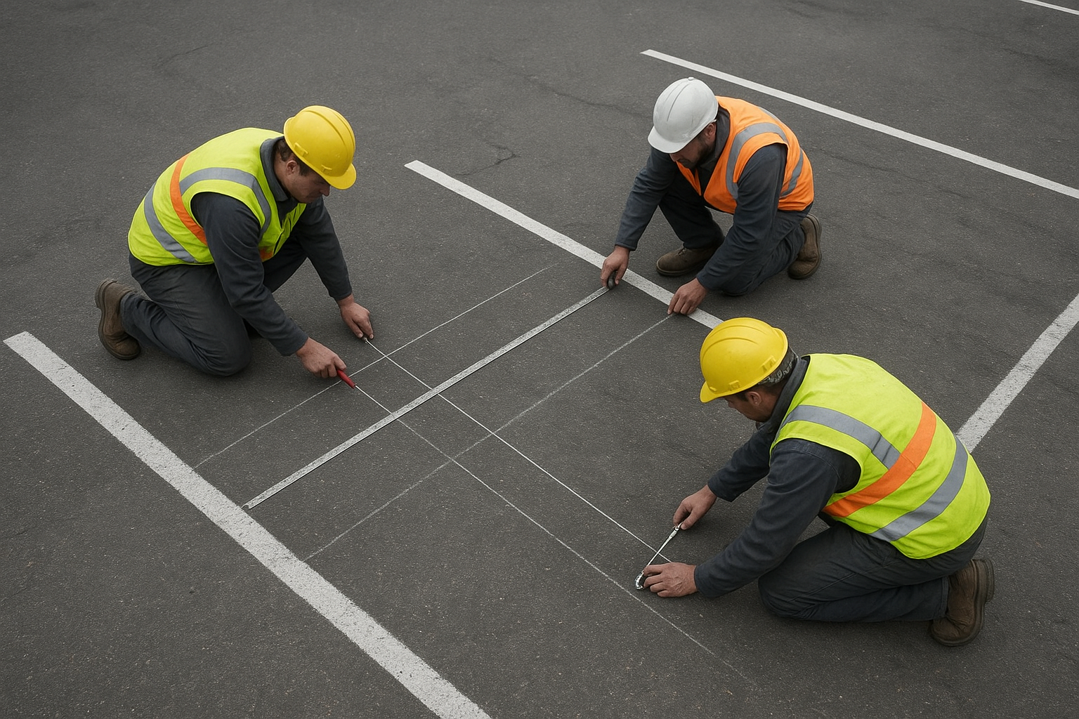 Pavement marking crew measuring and laying out new parking stall dimensions before striping