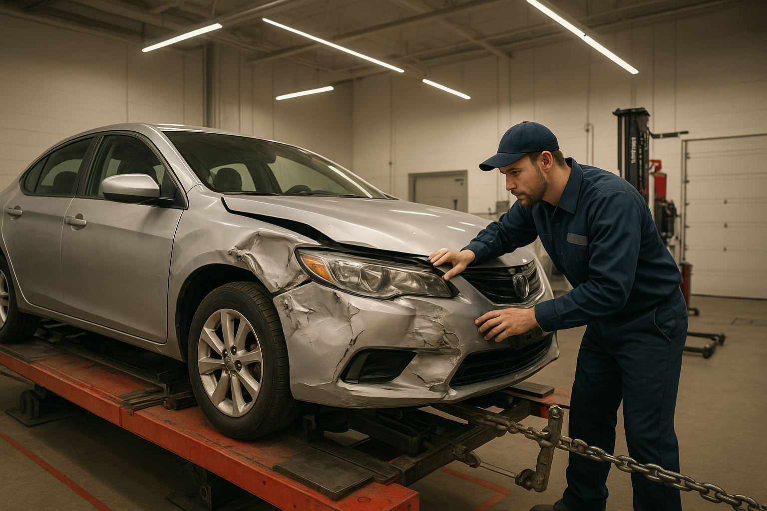 Auto body repair specialists in Brea working on a collision-damaged silver sedan inside a modern shop