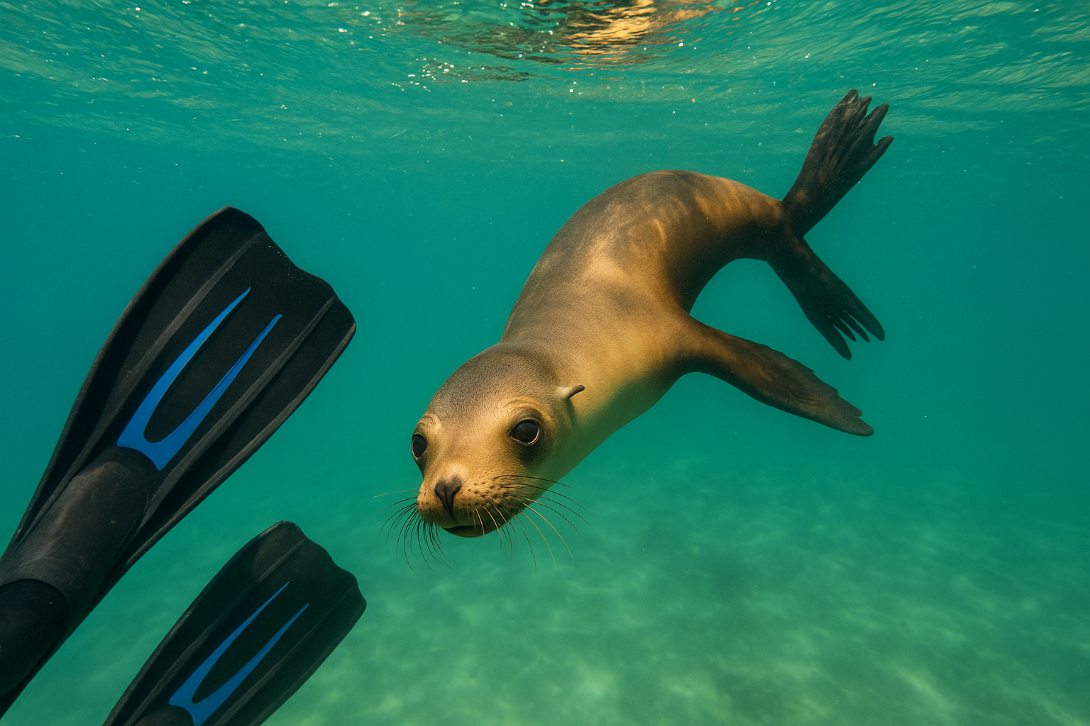 Curious California sea lion approaching a snorkeler during a guided San Diego tour