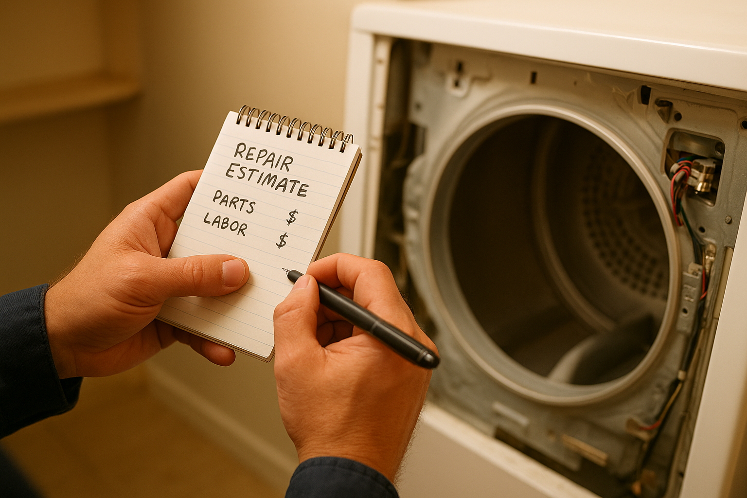 Technician writing an upfront repair estimate for a dryer repair in a home laundry room